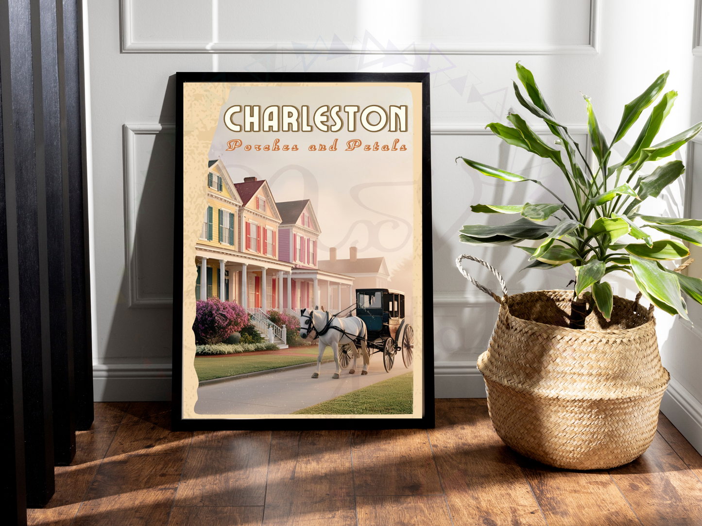 Printable art of Charleston, SC with floral porch scene