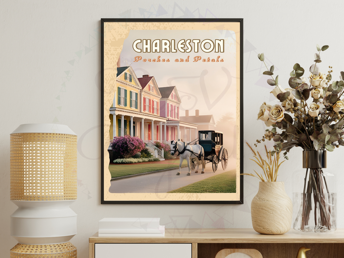 Charleston wall decor featuring vintage porch and petals