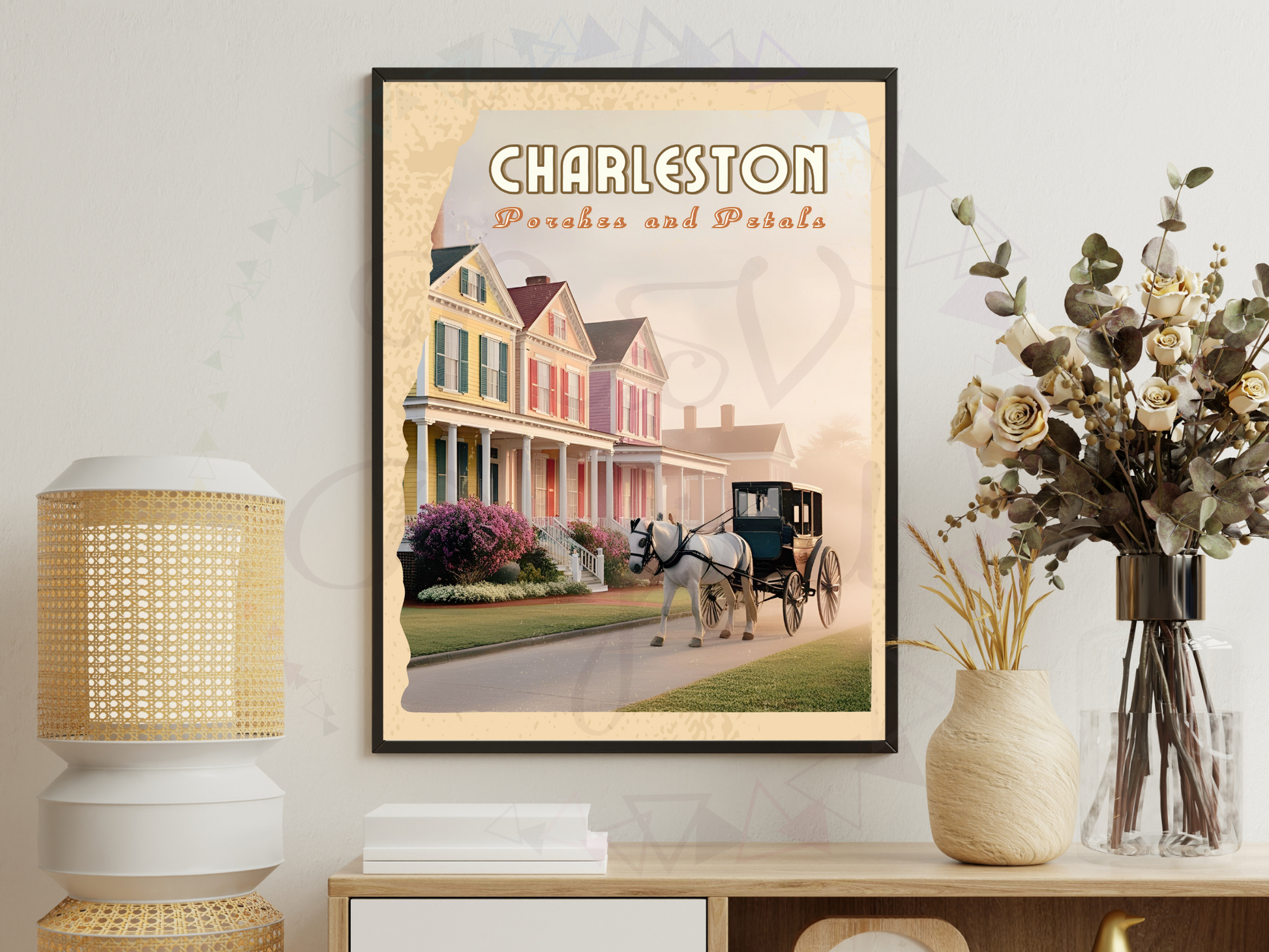 Charleston wall decor featuring vintage porch and petals