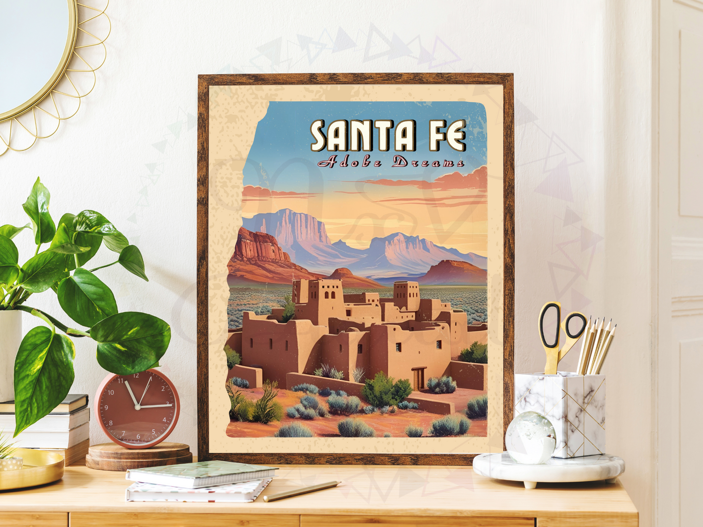 Digital print of Santa Fe's iconic adobe structures and sunset sky
