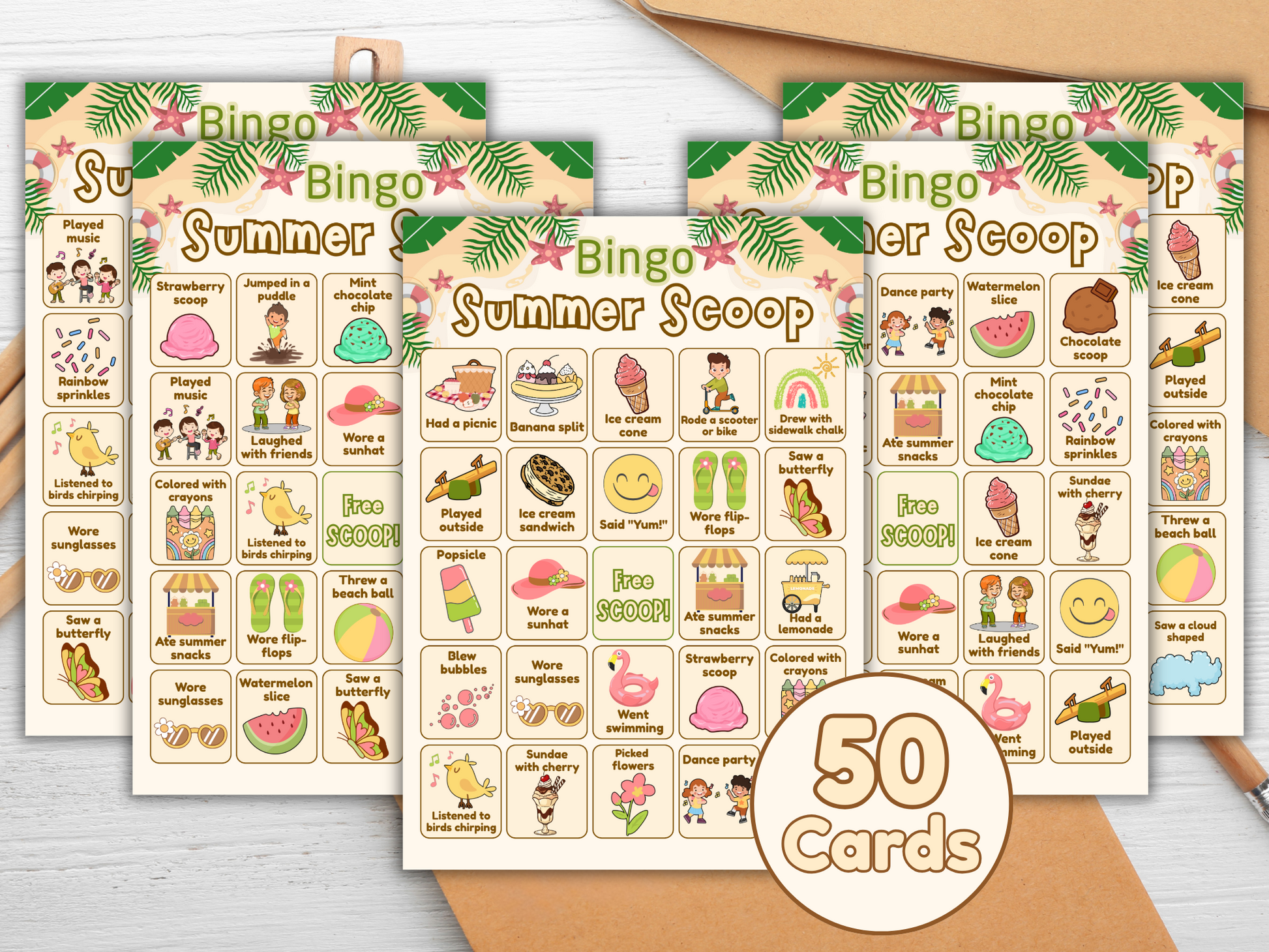Summer Scoop Bingo card placed inside a book as a keepsake