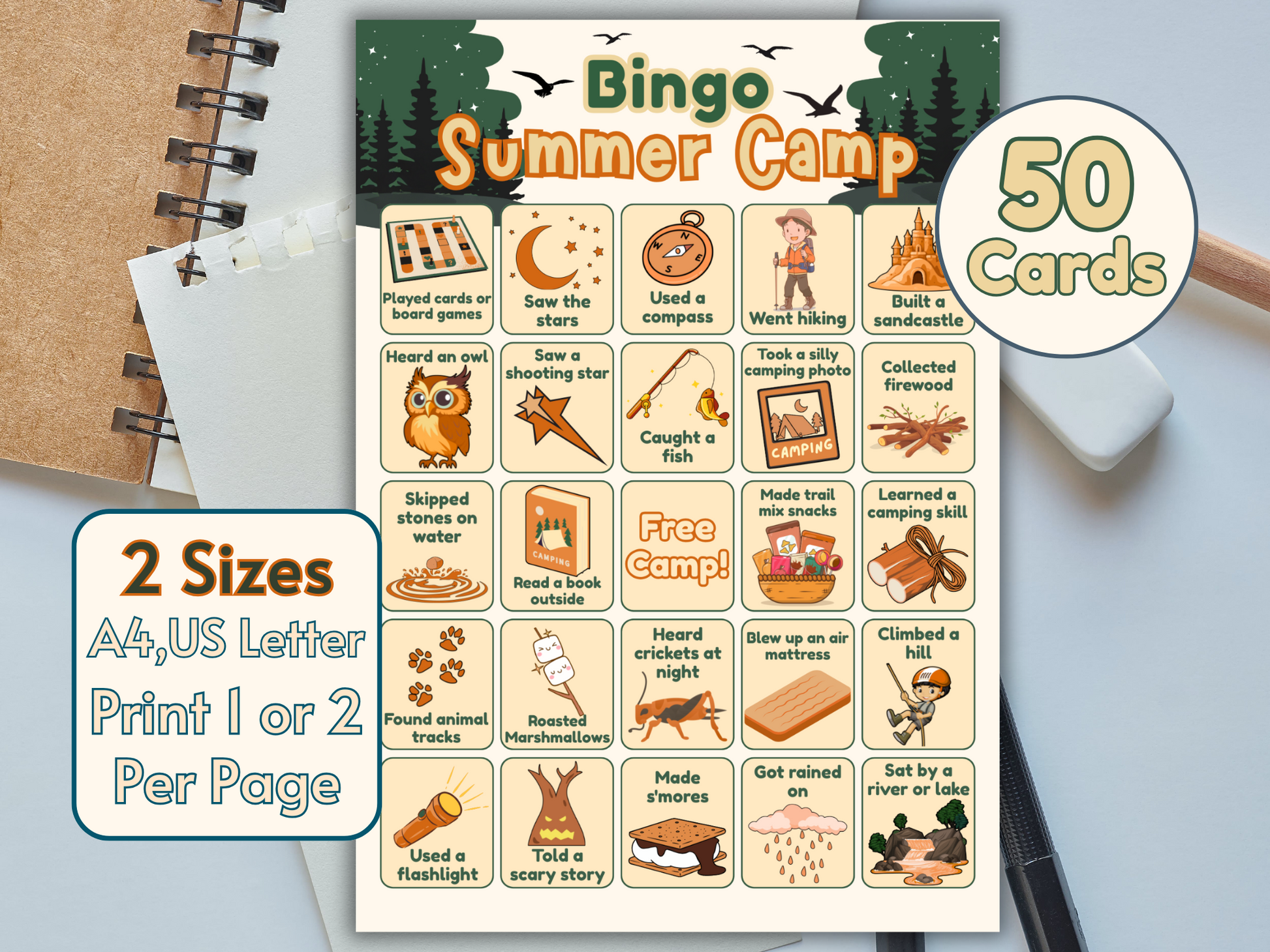 Camping-themed kids activity bingo card mockup in book