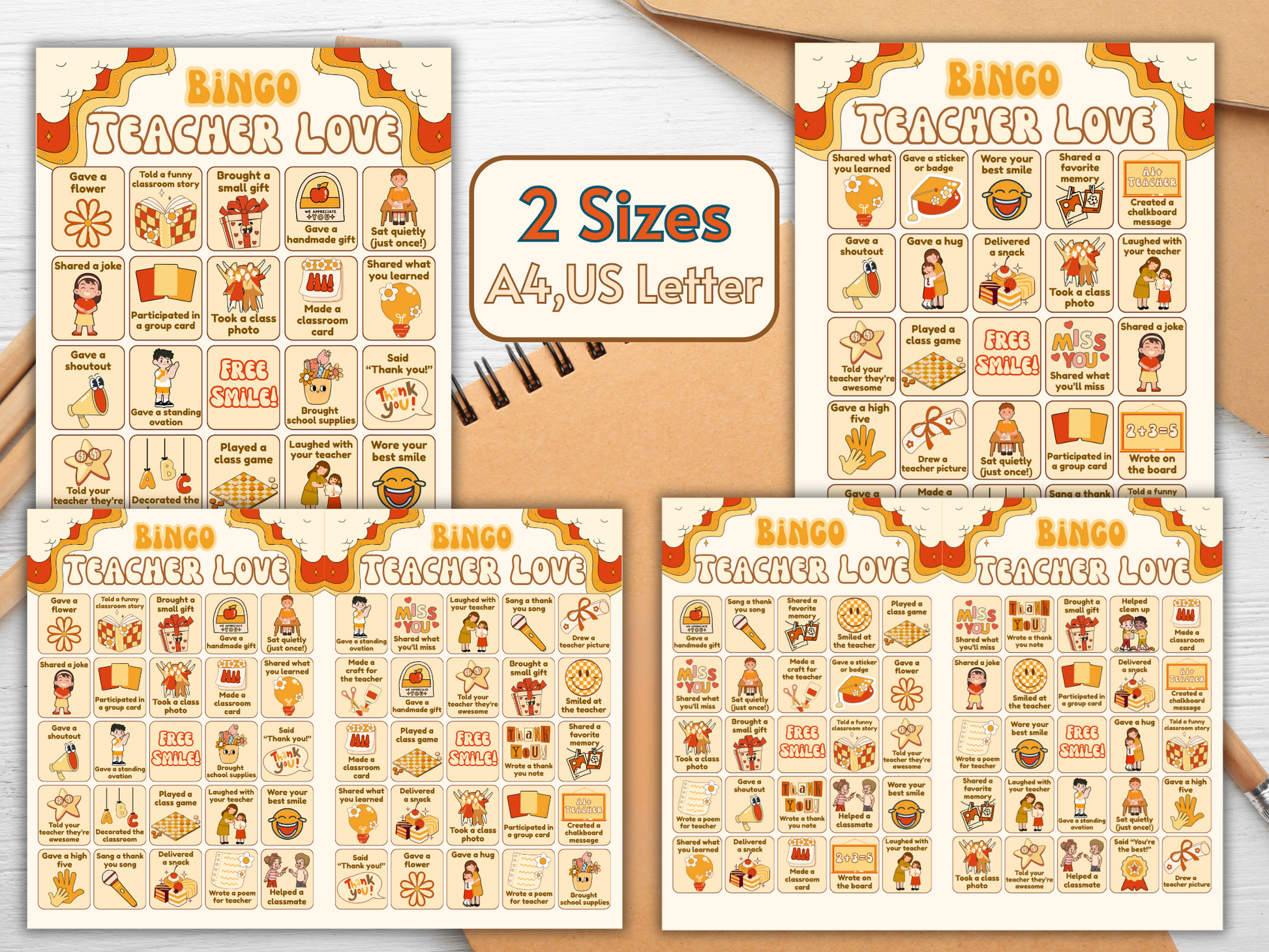 Bingo game card showing classroom and appreciation actions