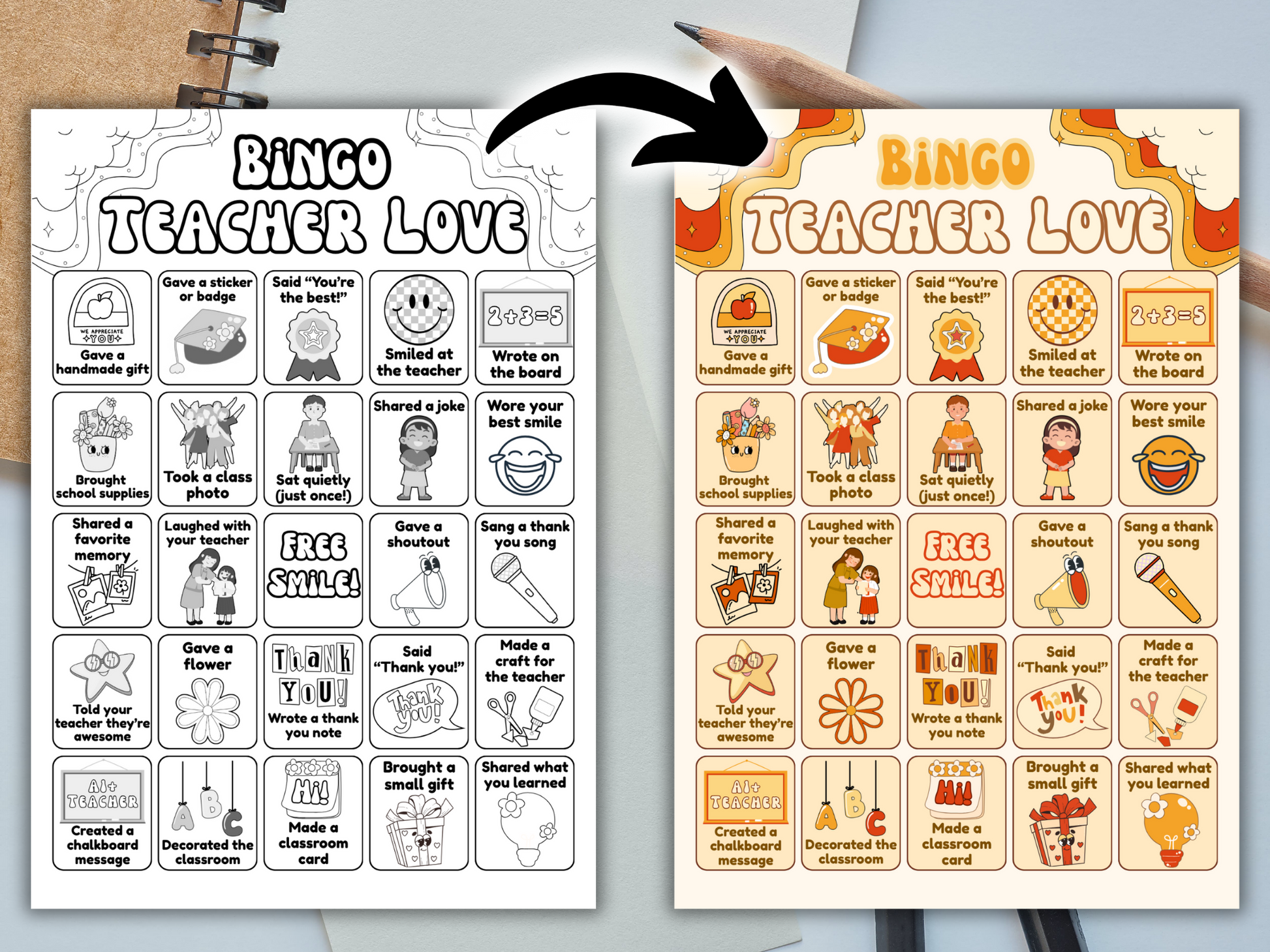 Teacher Love Bingo calling cards – 36, 12, and 4 per page