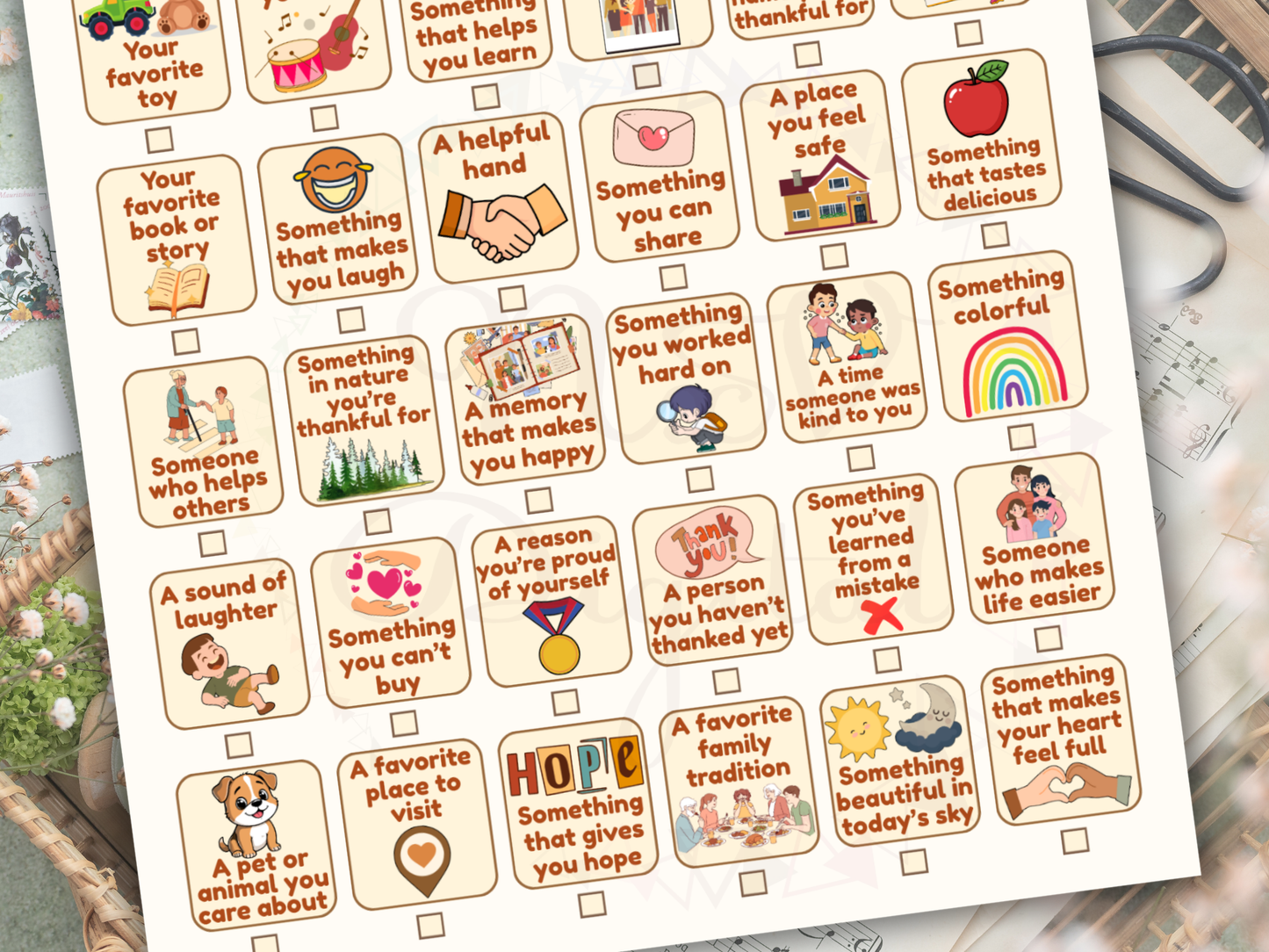 Sheet of printable gratitude cards with various prompts on a white background.