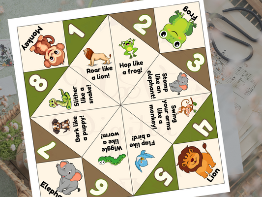Printable cootie catcher with animal faces and sound prompts