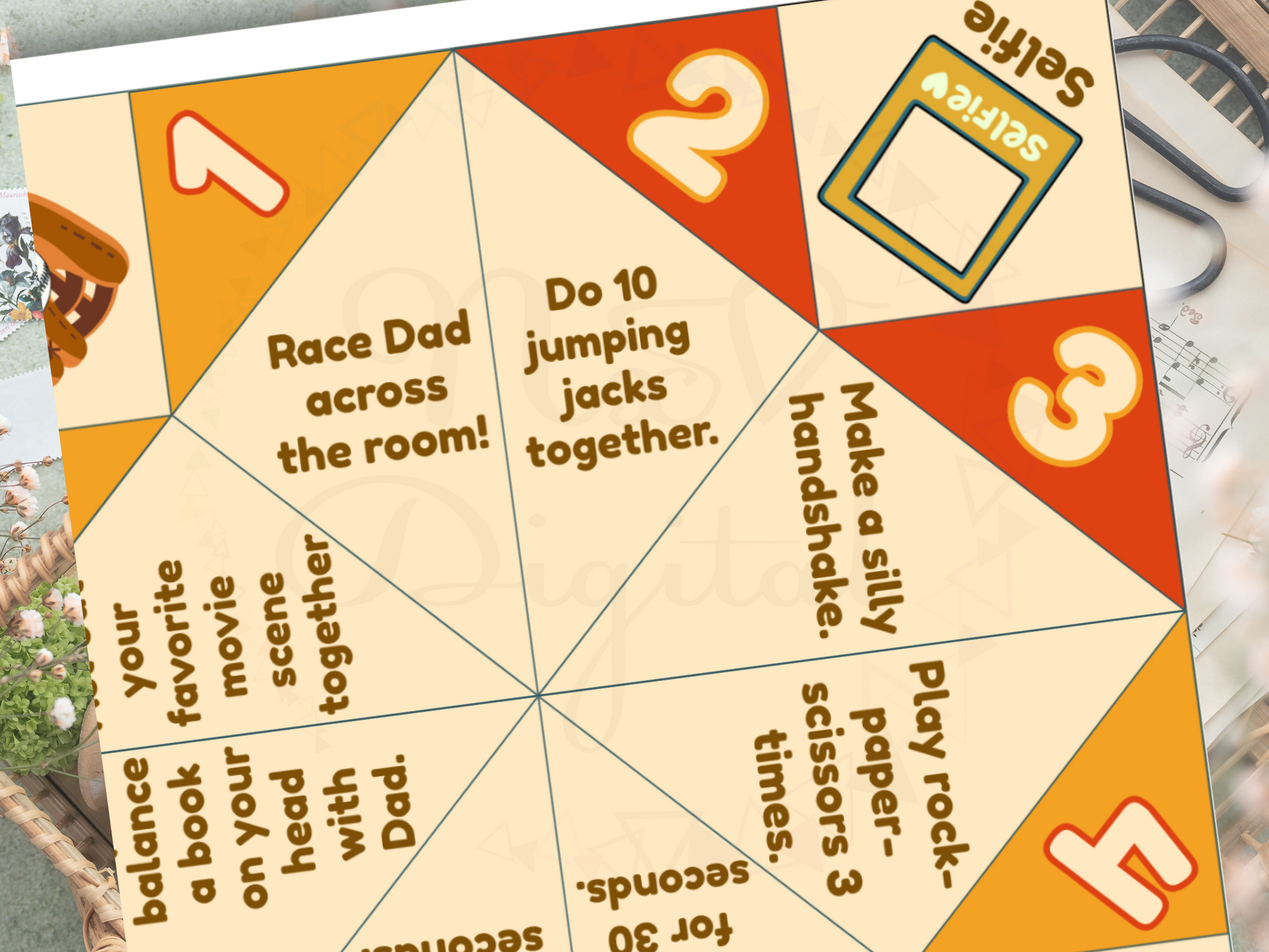 Flat lay of printed cootie catcher sheet and scissors