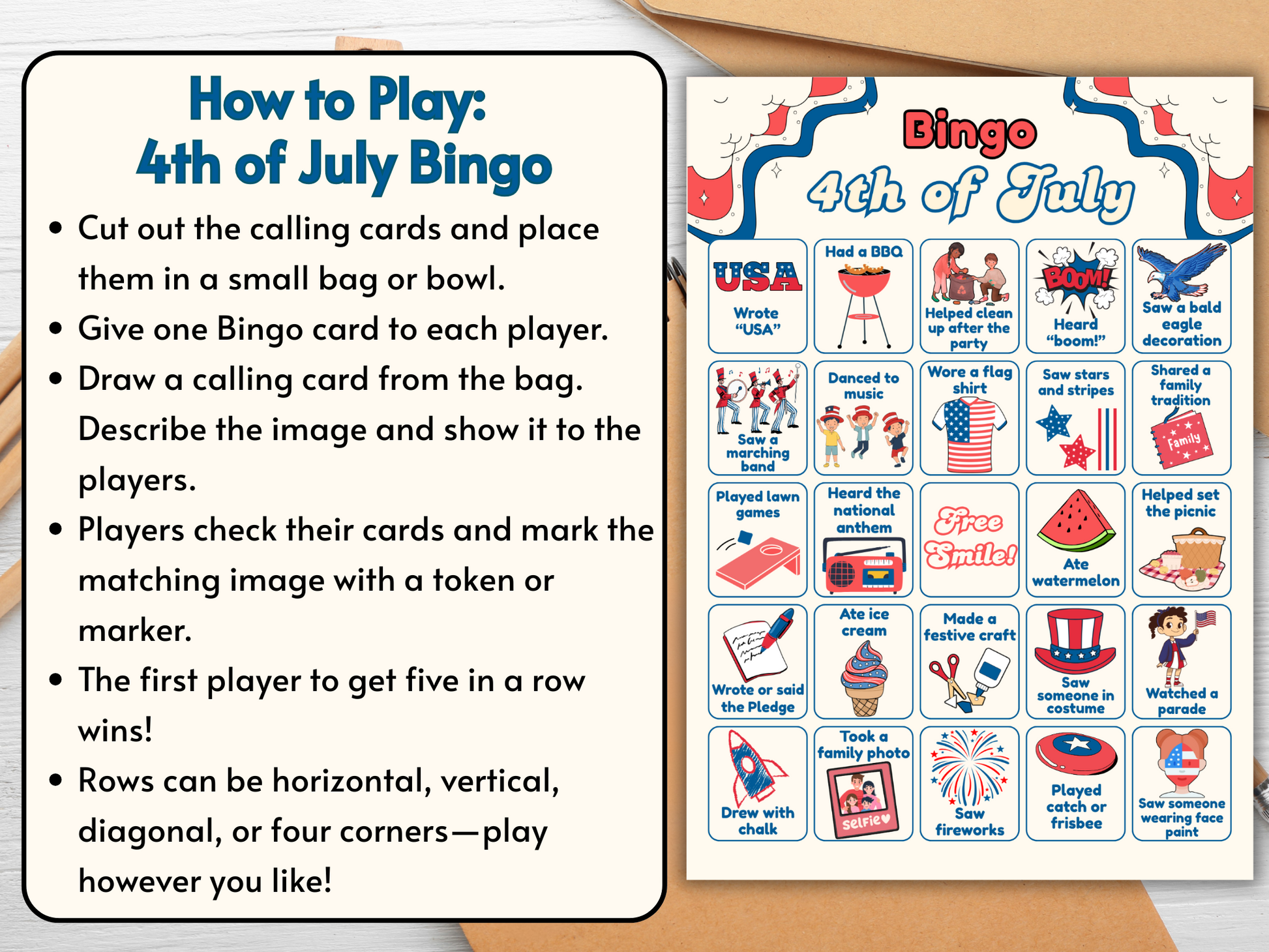 Kid-friendly red, white & blue game sheet
