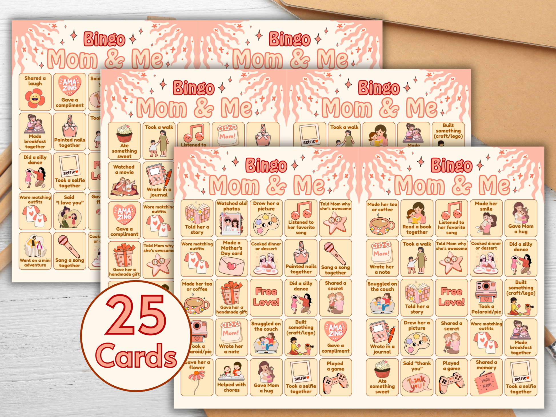 Two bingo cards on one page in soft feminine color tones
