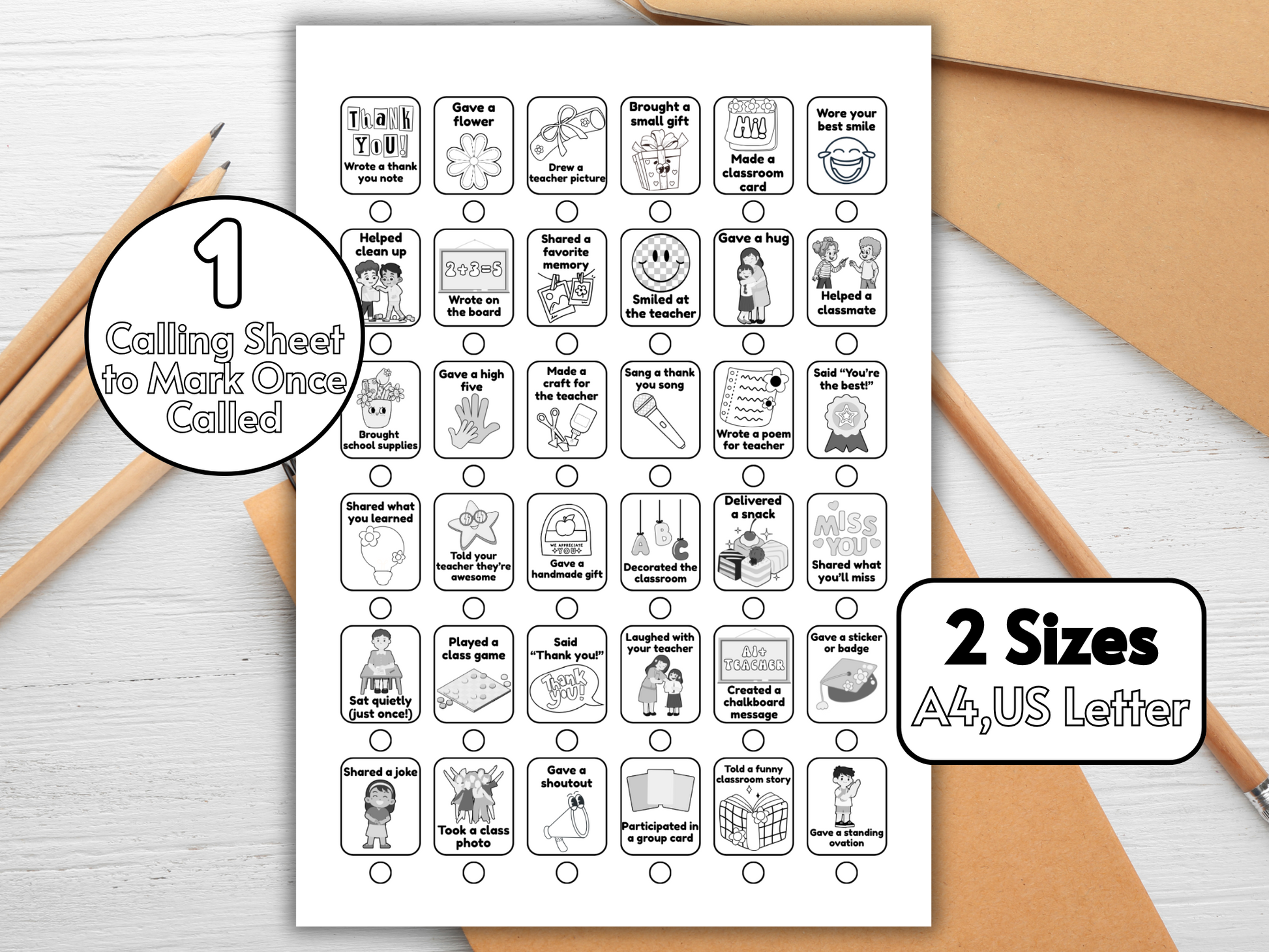 Holding a printed Teacher Love Bingo card – interactive school game