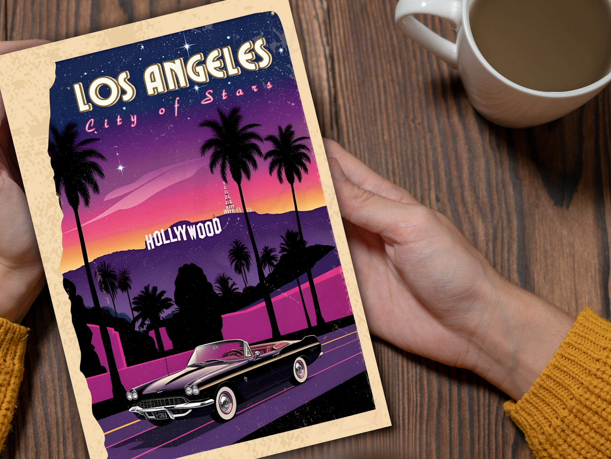 Wall print showing LA skyline in vintage travel style