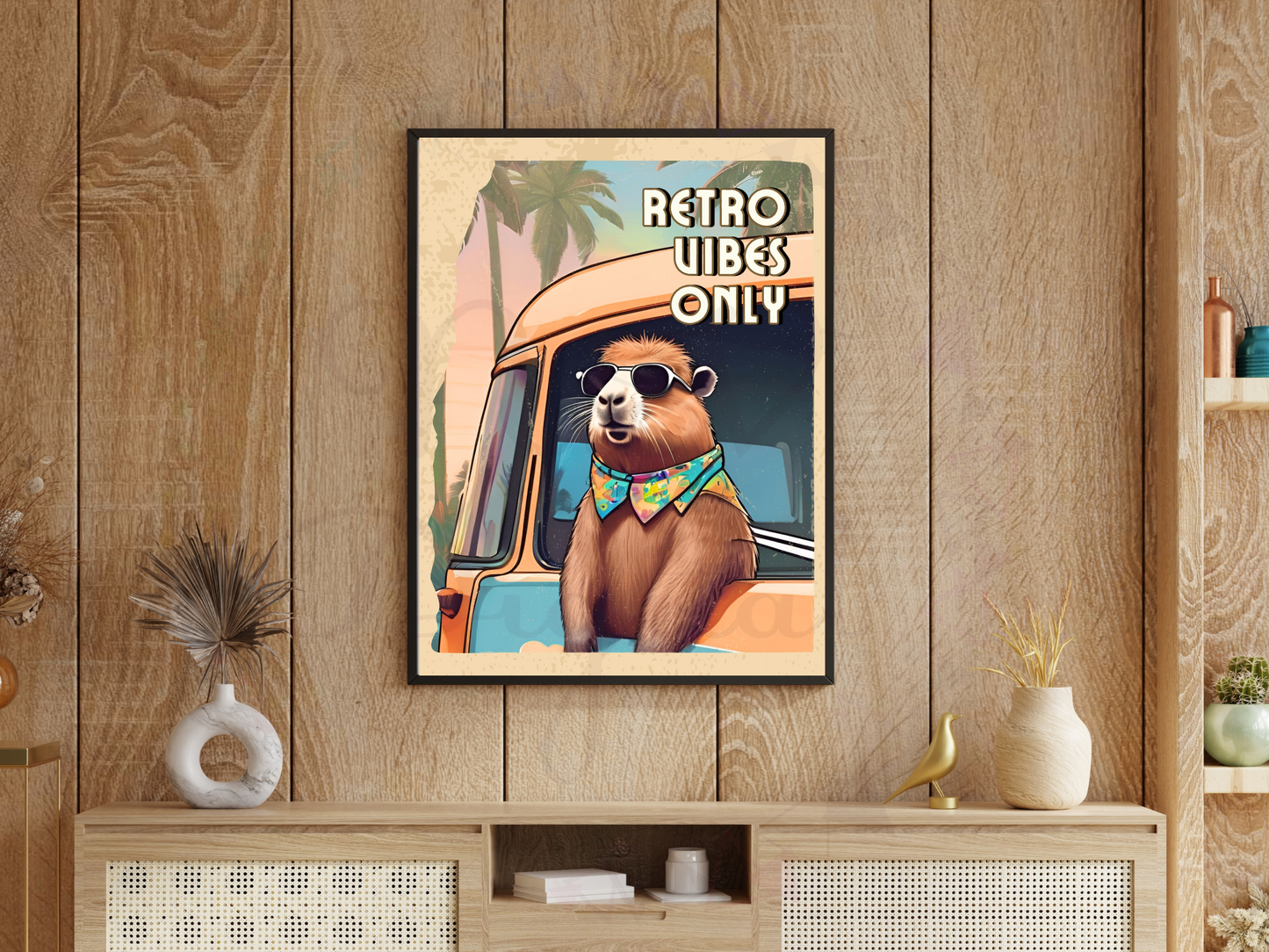 Digital print held in hand of groovy capybara saying "Retro Vibes Only