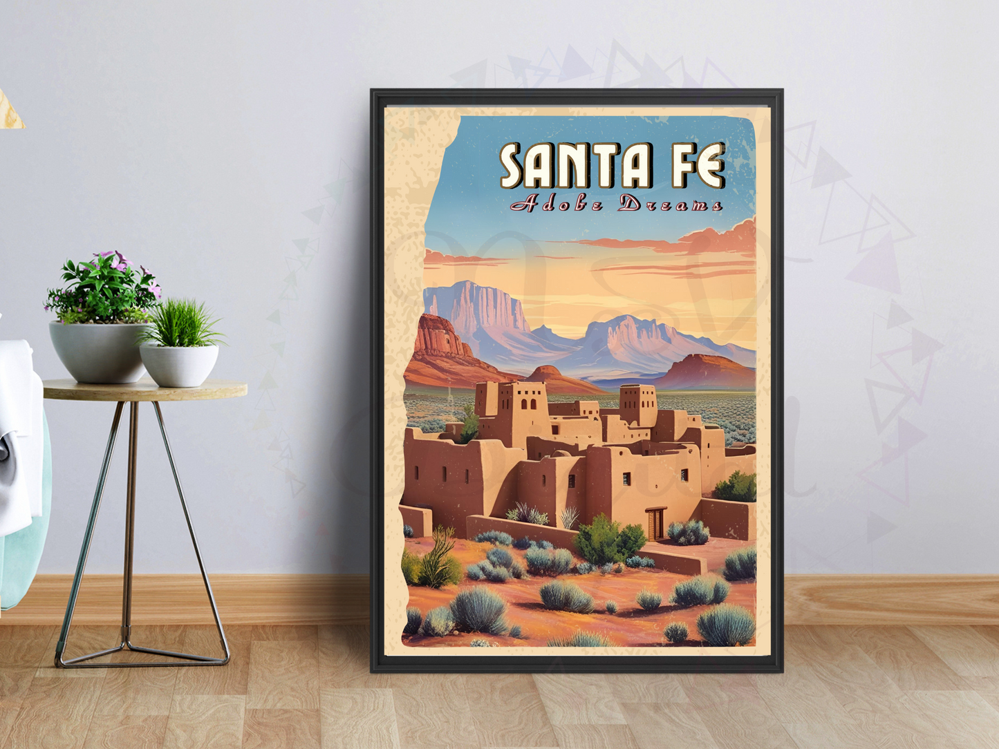 Poster held in hand with retro Santa Fe travel design and textures