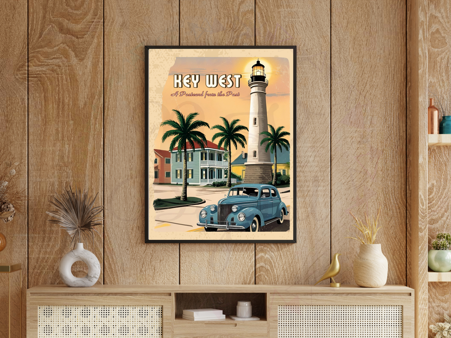 Retro souvenir art print of Key West Florida with beach charm