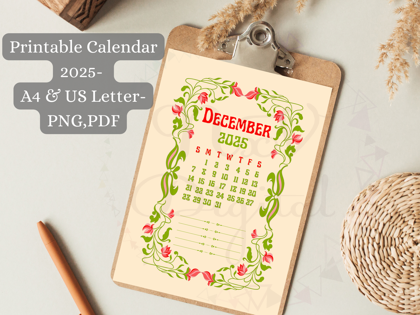 Digital vintage calendar 2025-2026, displayed in a styled open junk journal with boho retro vibes