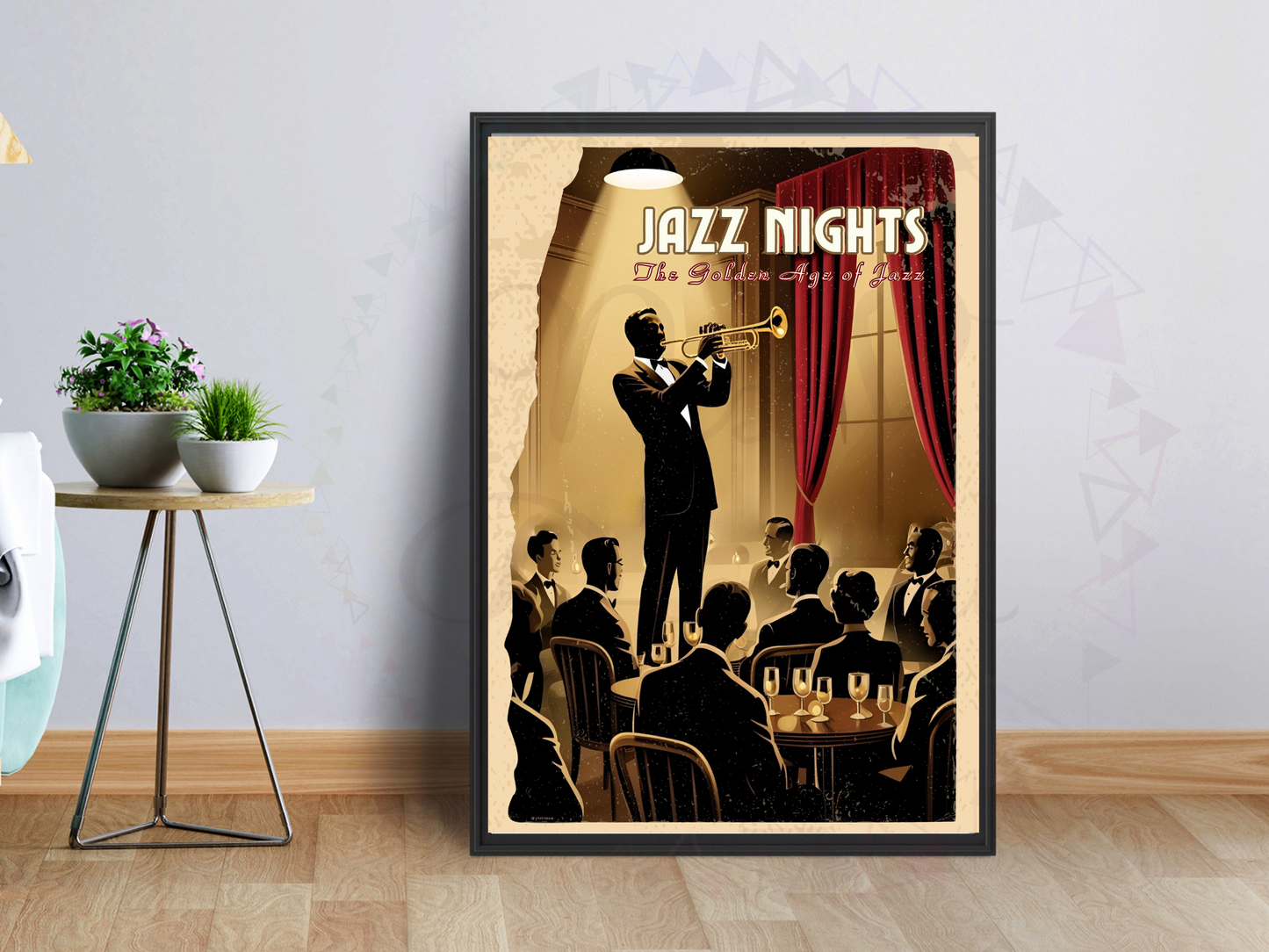 Golden age jazz illustration in mockup frame on shelf