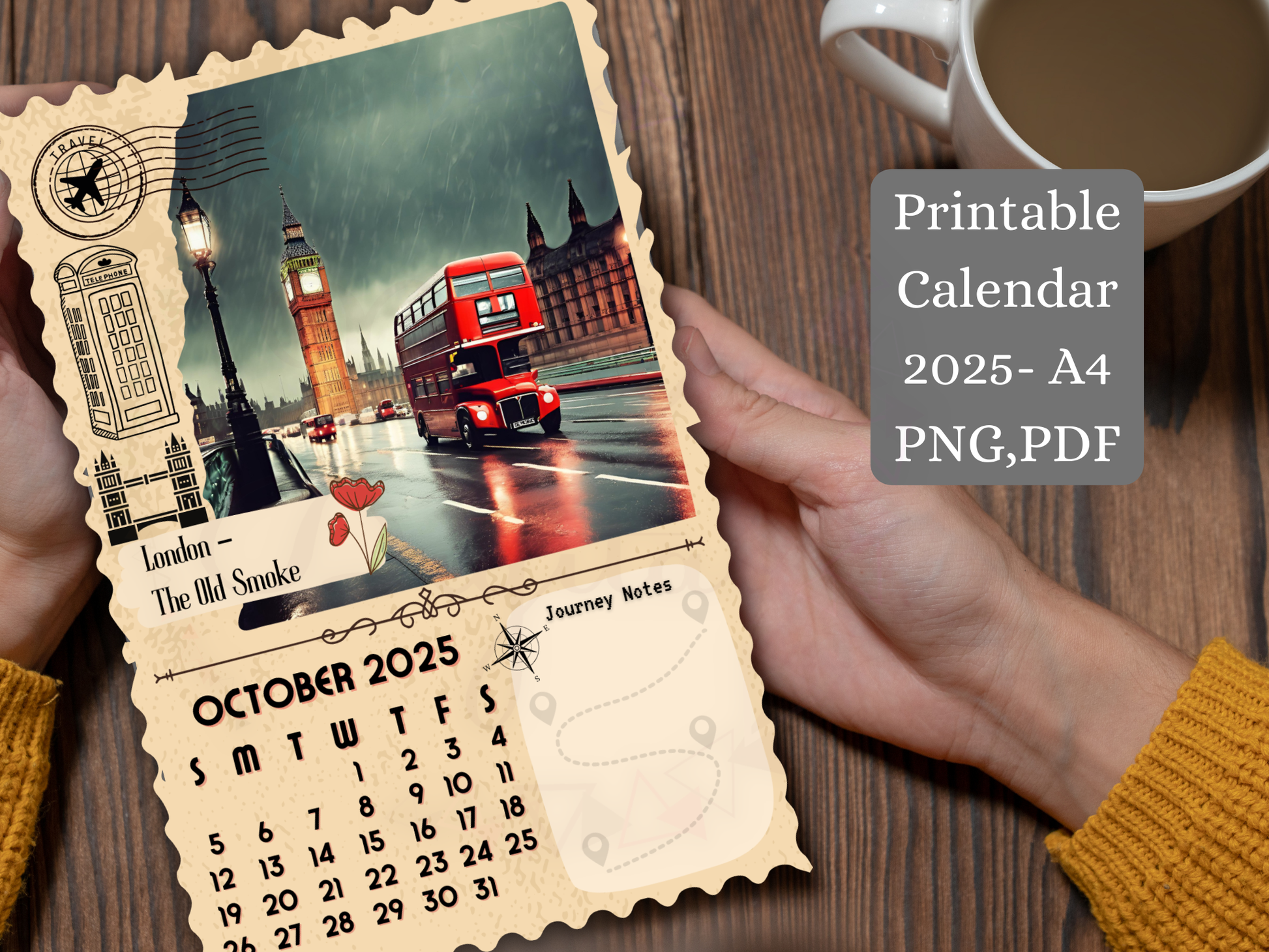 London Vintage travel calendar 2025 held in hand mockup