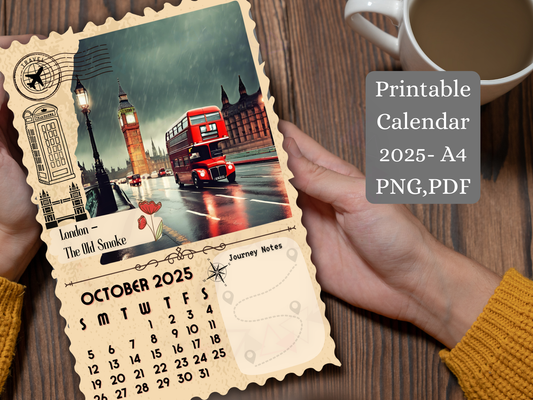 London Vintage travel calendar 2025 held in hand mockup