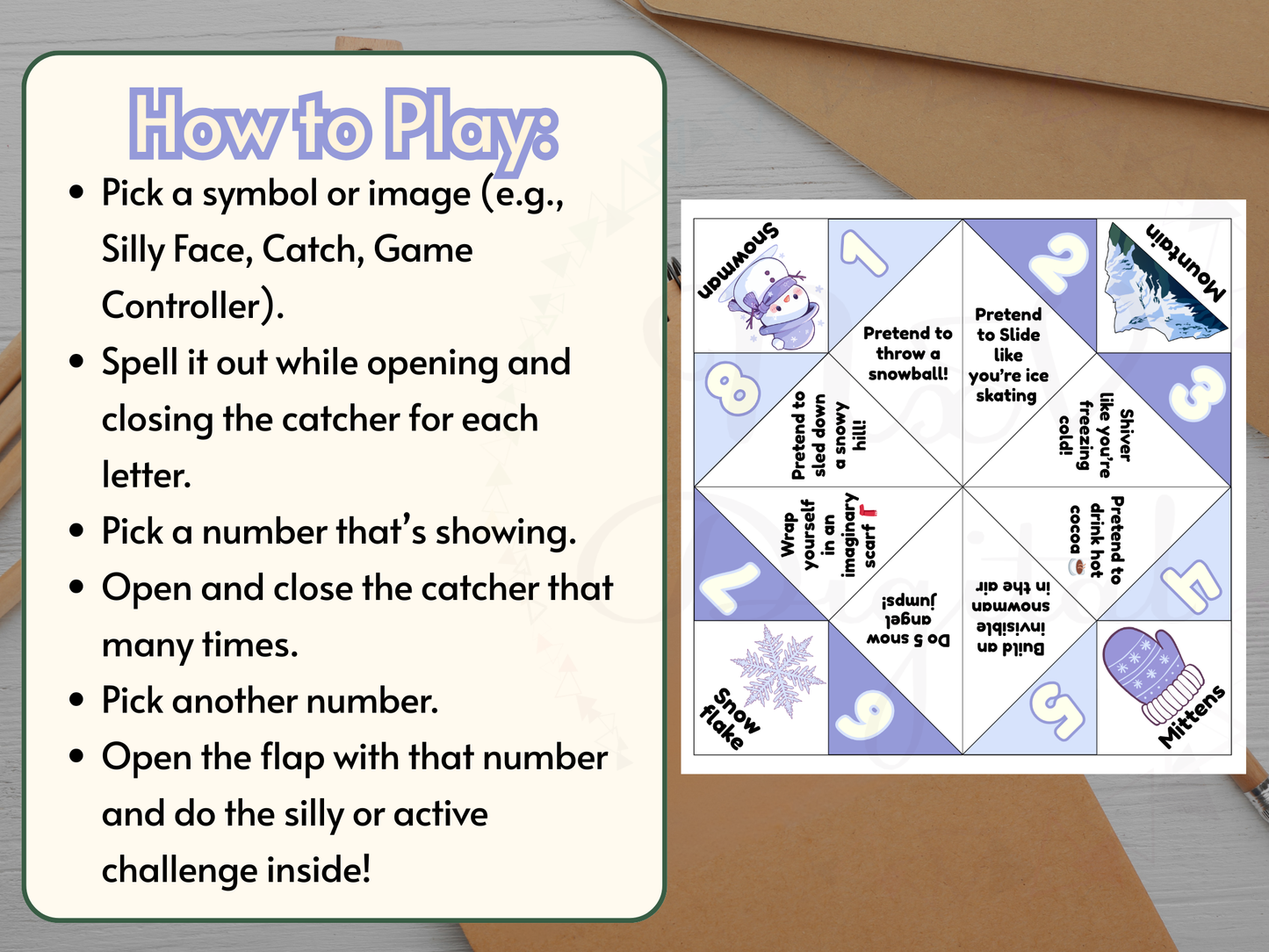 Instructions for playing a game with a Cootie Catcher on a wooden surface.