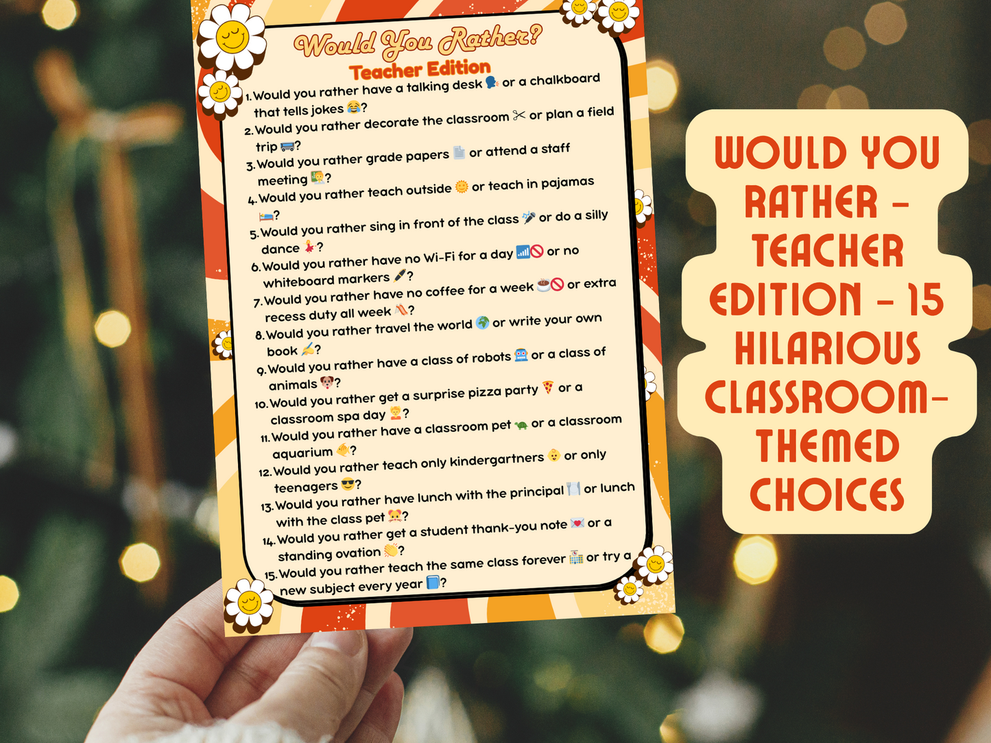 Close-up of printable trivia pages designed for classroom parties