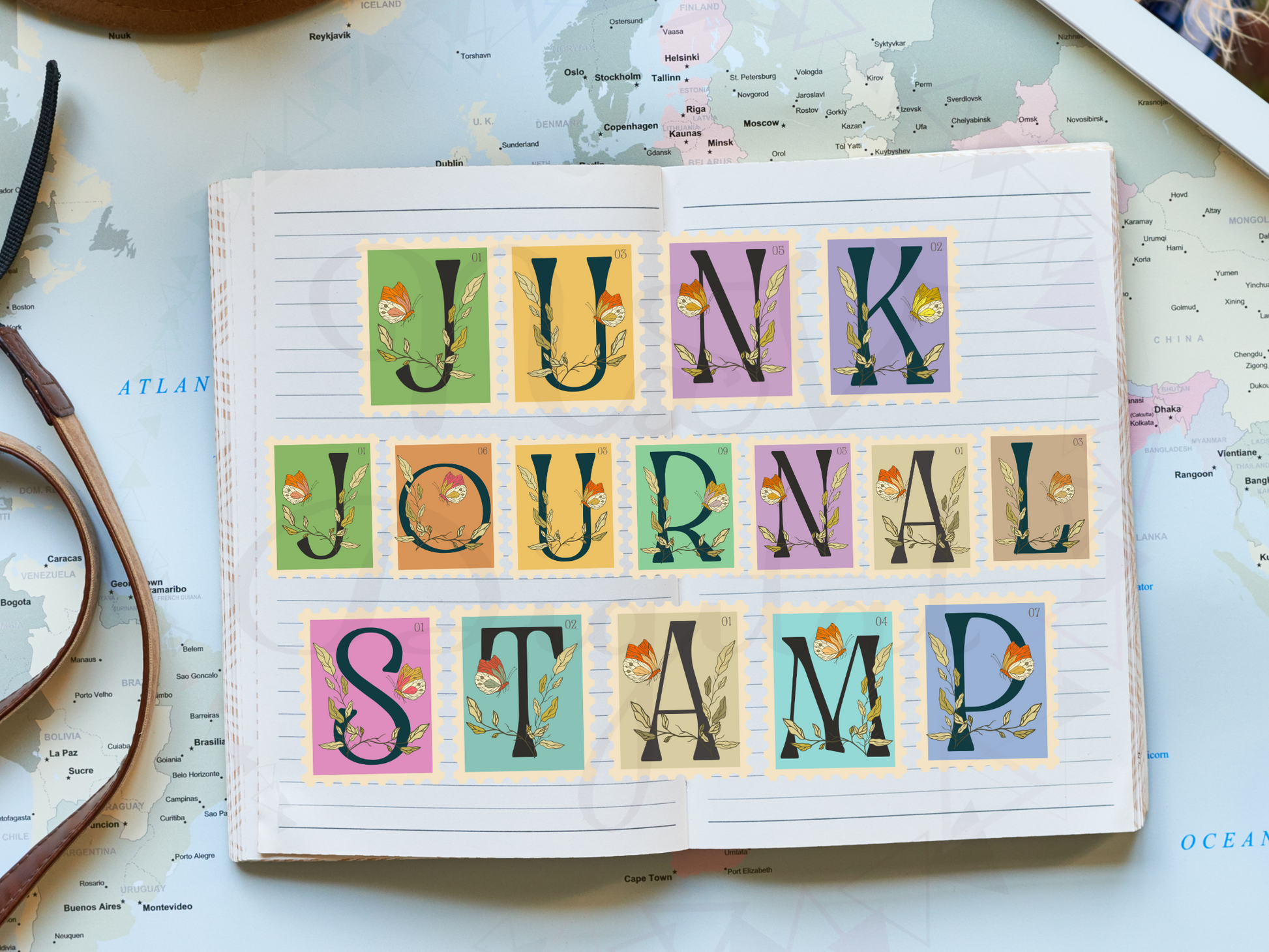 junk journal stamp alphabet with butterfly and floral doodle