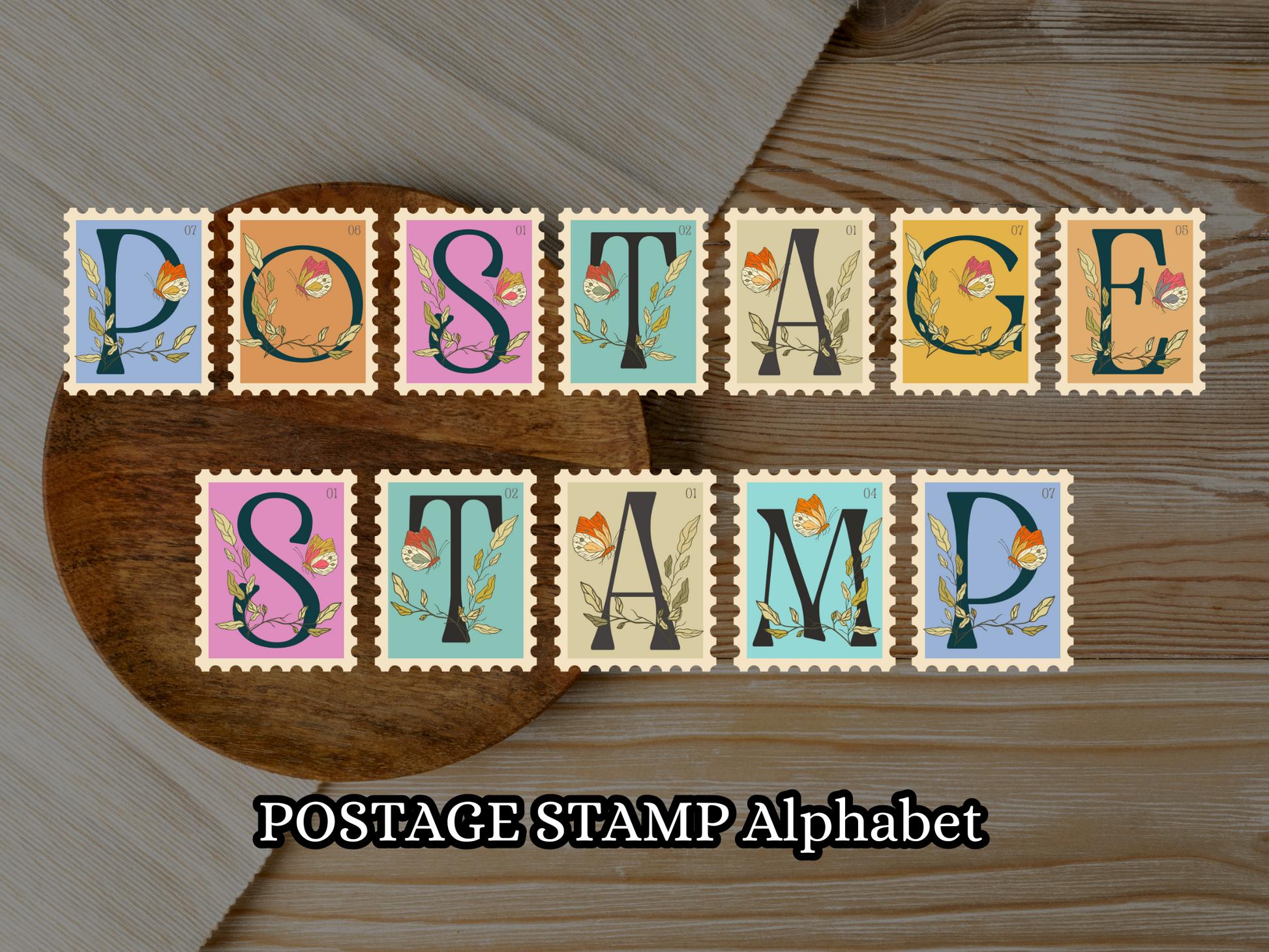 Vintage postage stamp alphabet png