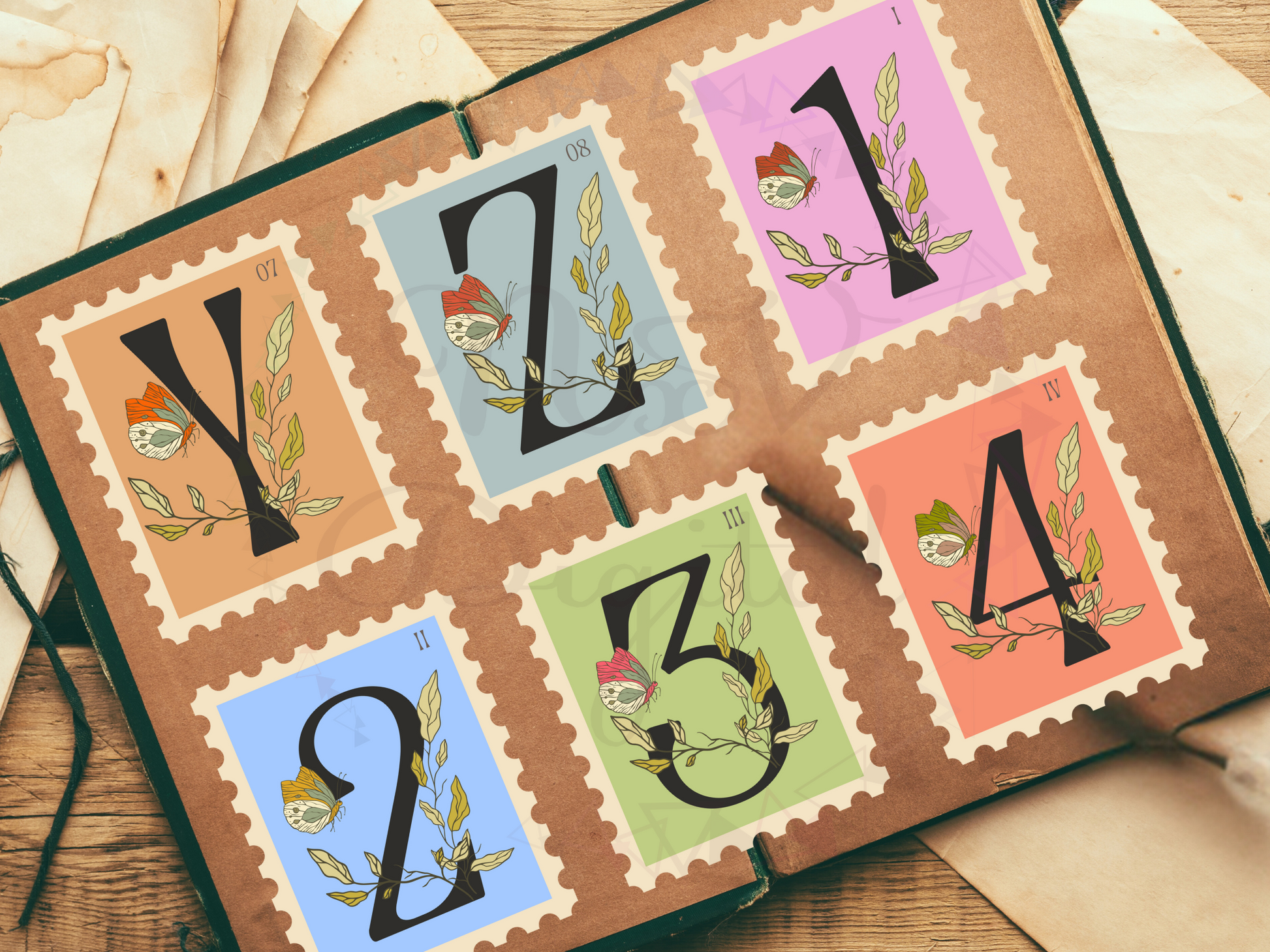 y,z alphabet and 0-9 number stamp design on old junk journal book