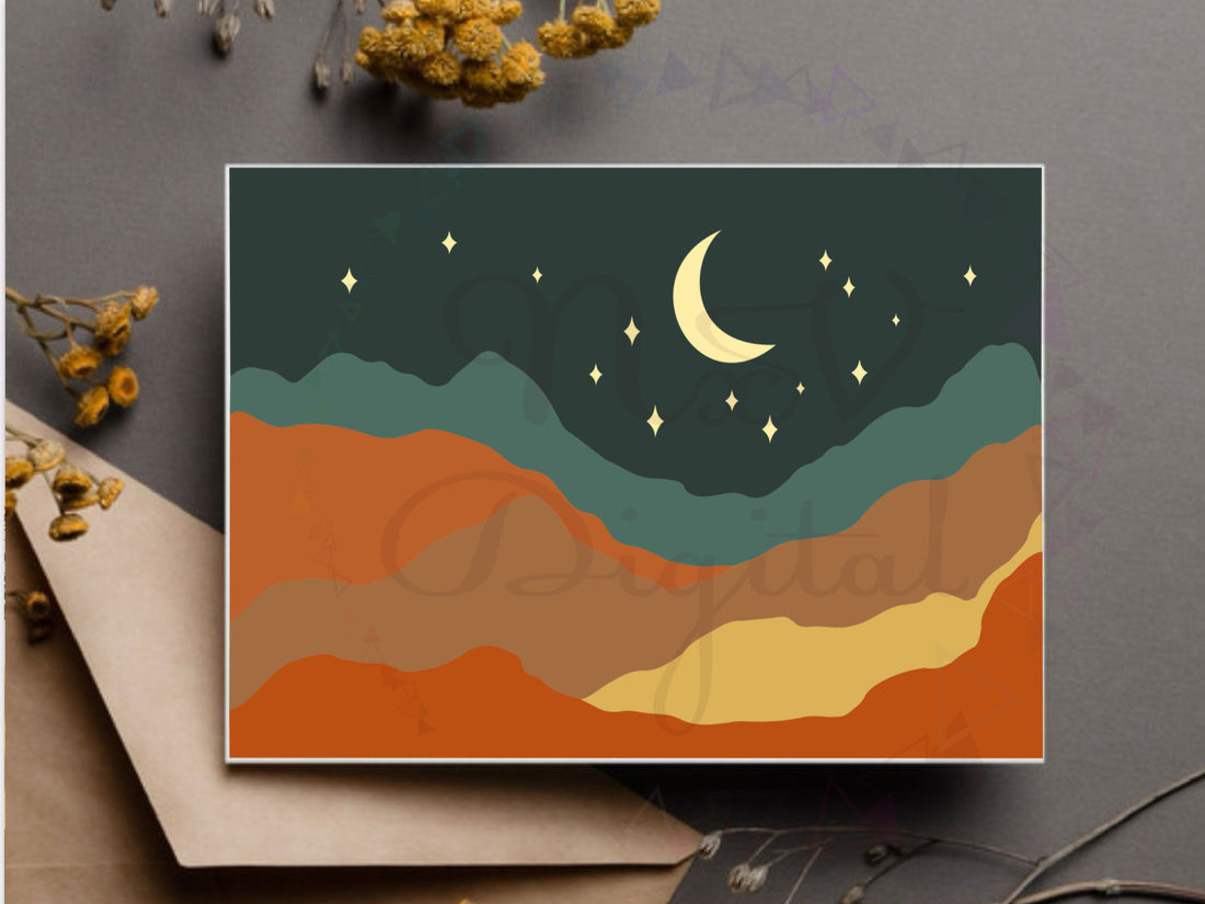 Boho Mountain with Star and Half Moon in Night View PNG