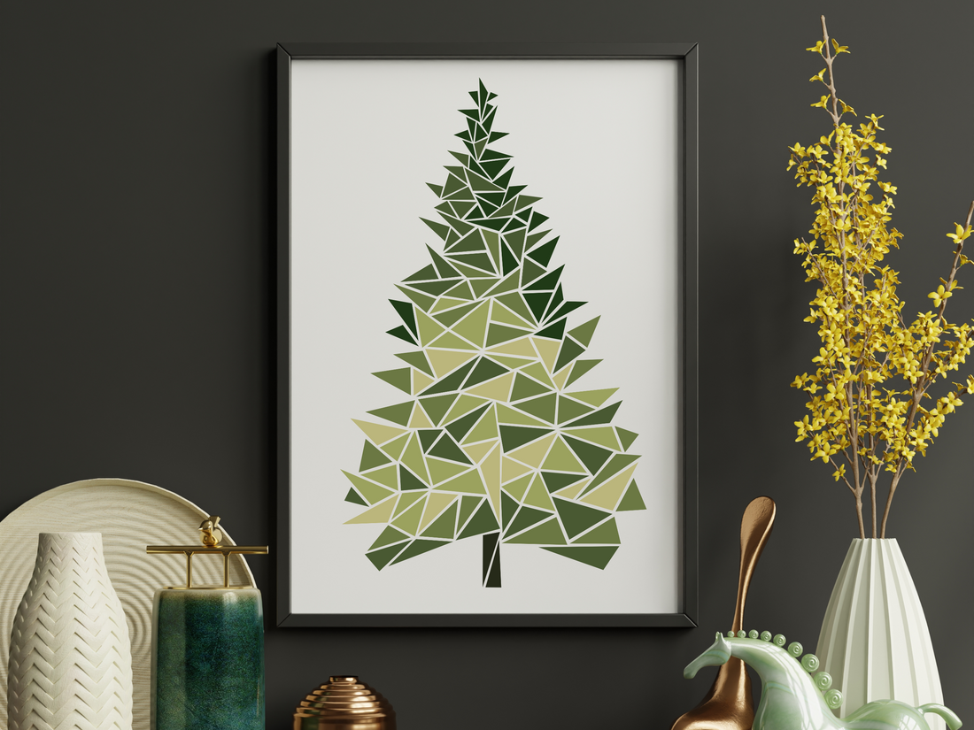 Christmas tree wall art, green shaded tree, wall art with black frame