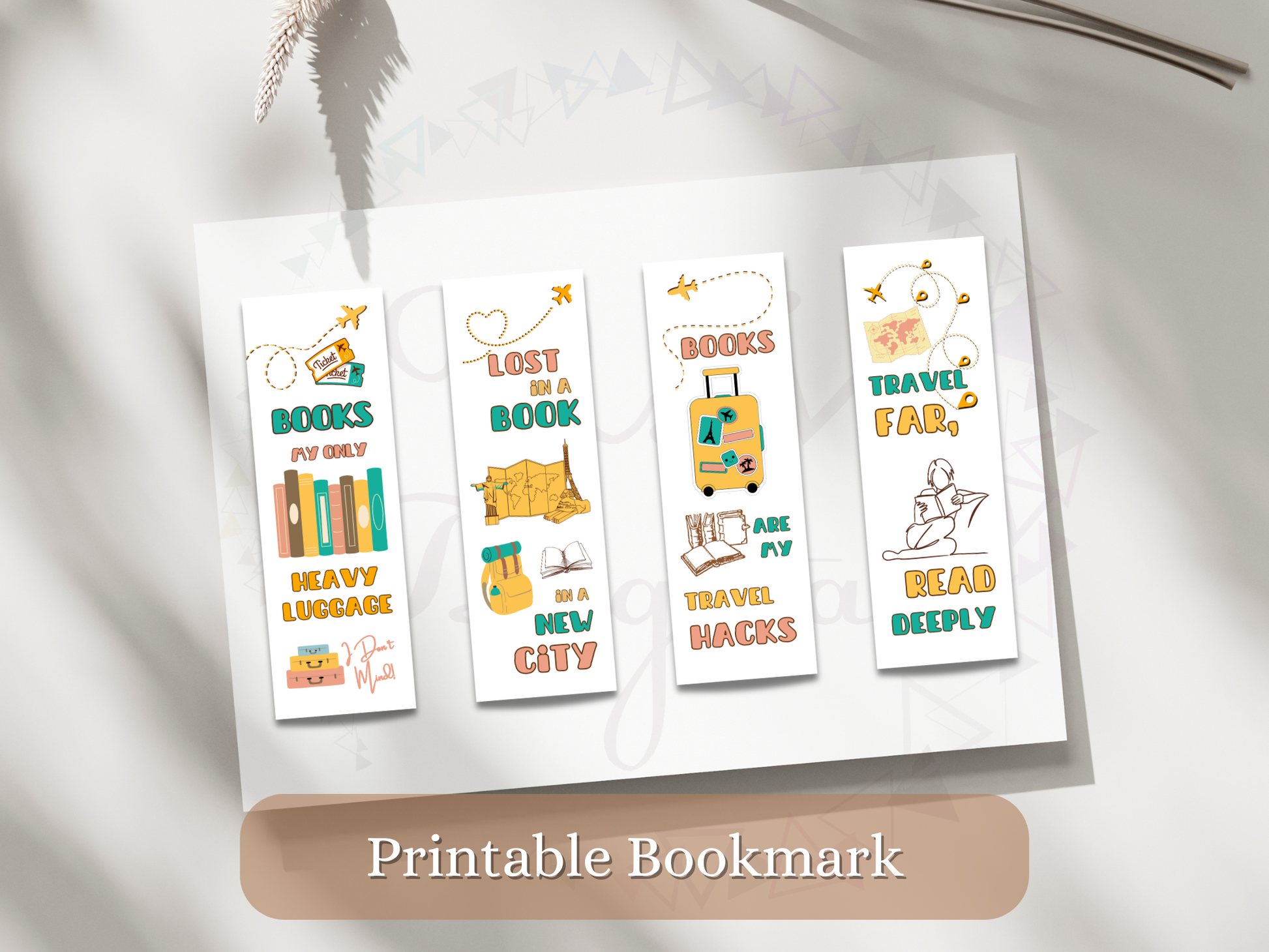 4 traveler-themed bookmarks with the wordings and doodles