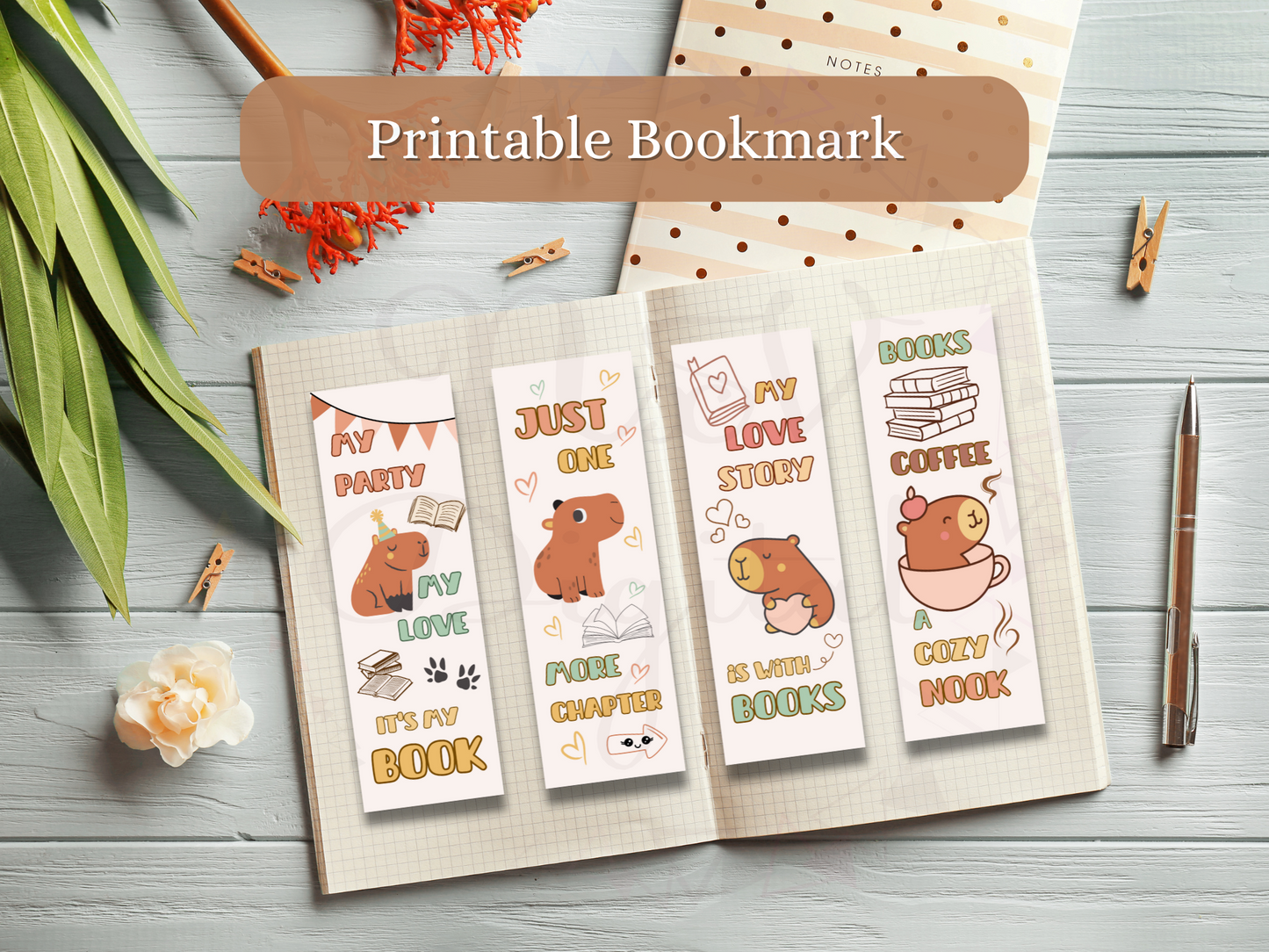 Set of 4 Printable Bookmark Capybara Png in notebook