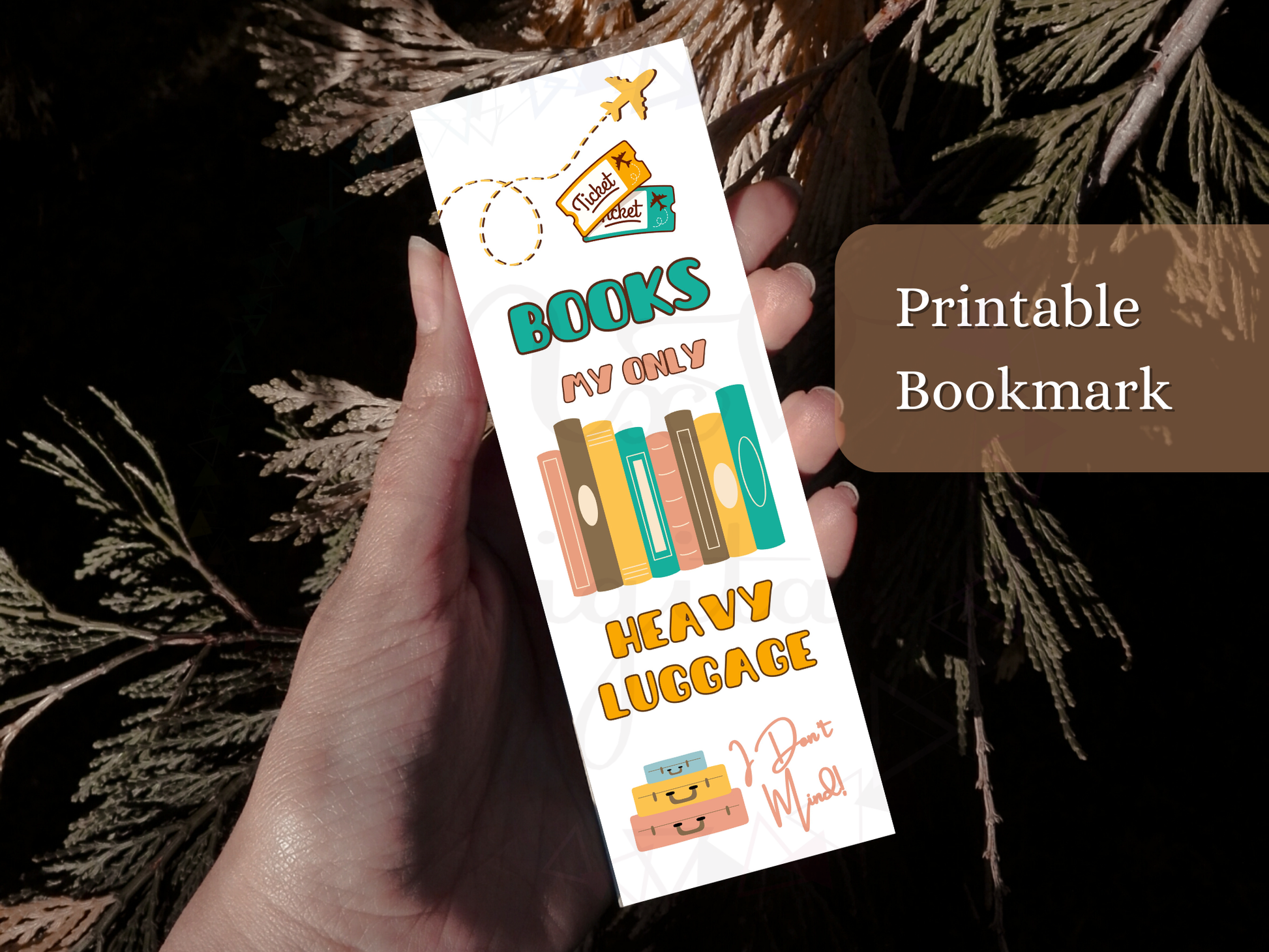 Traveler Printable Bookmark with books, ticket, plane