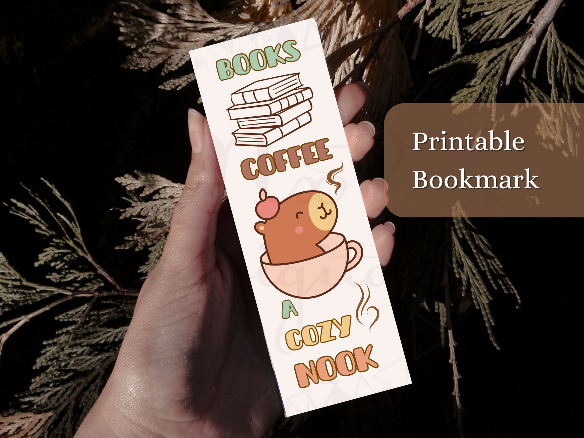 Books Coffee and a cozy nook Printable Bookmark Capybara png