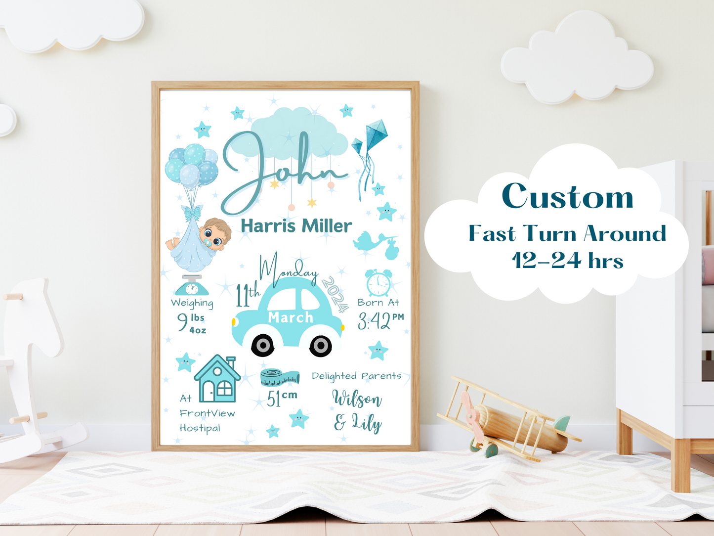 Blue Car New Born Boy Baby Personalised Print For Gift