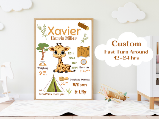 Safari Giraffe New Born Baby Printable Gift