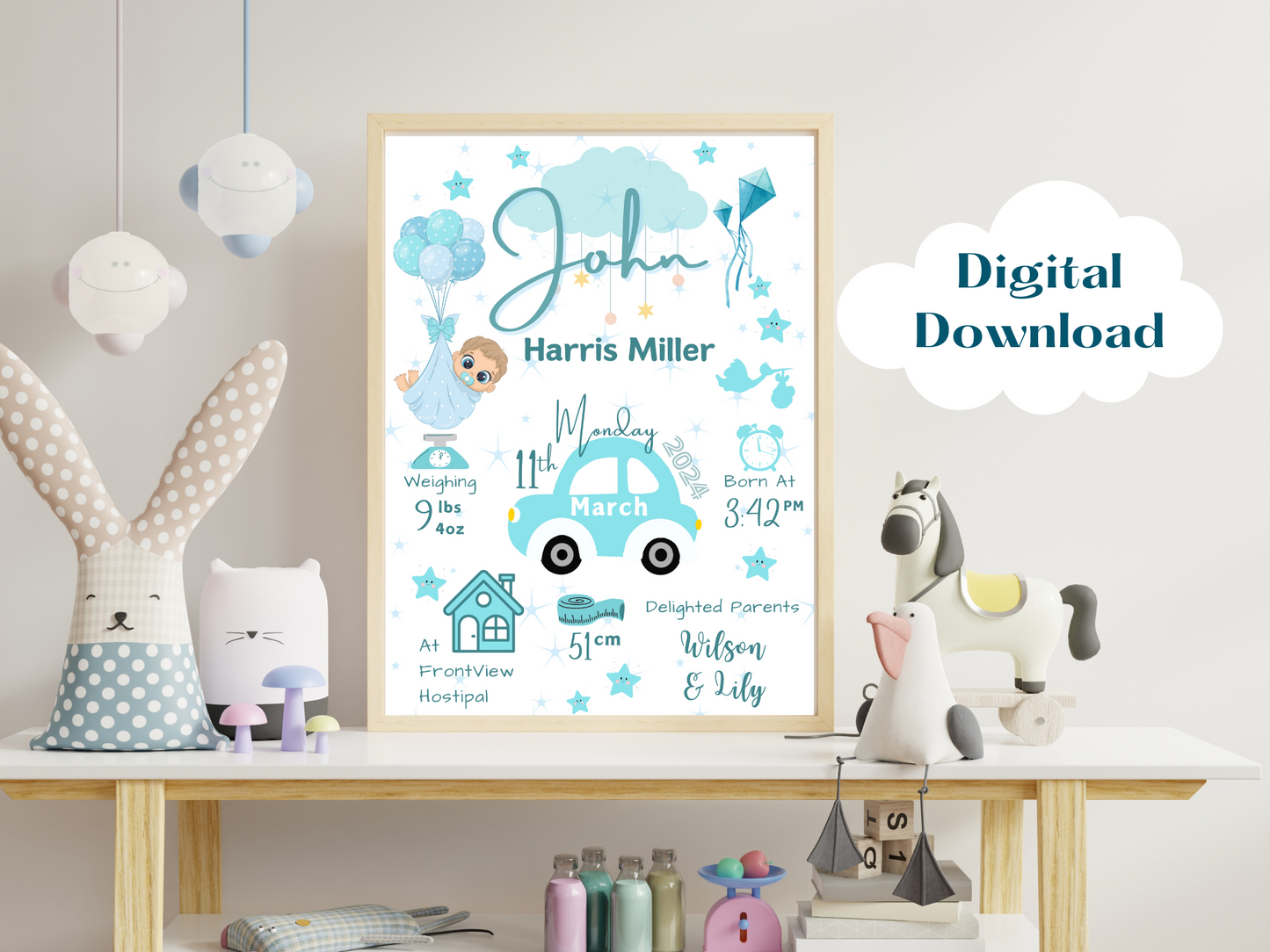 Blue Car New Born Boy Baby Personalised Print For Gift