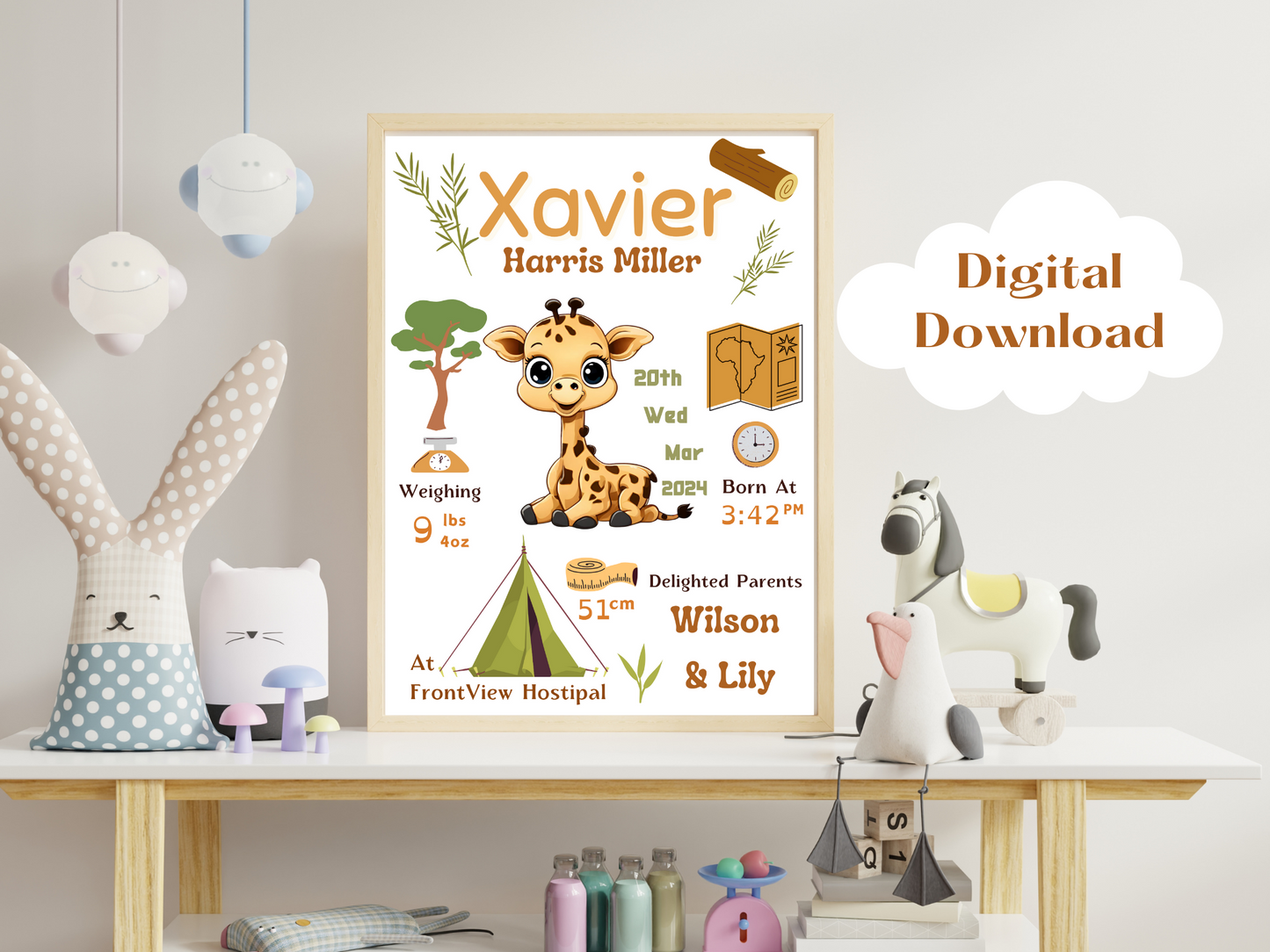 Safari Giraffe New Born Baby Printable Gift