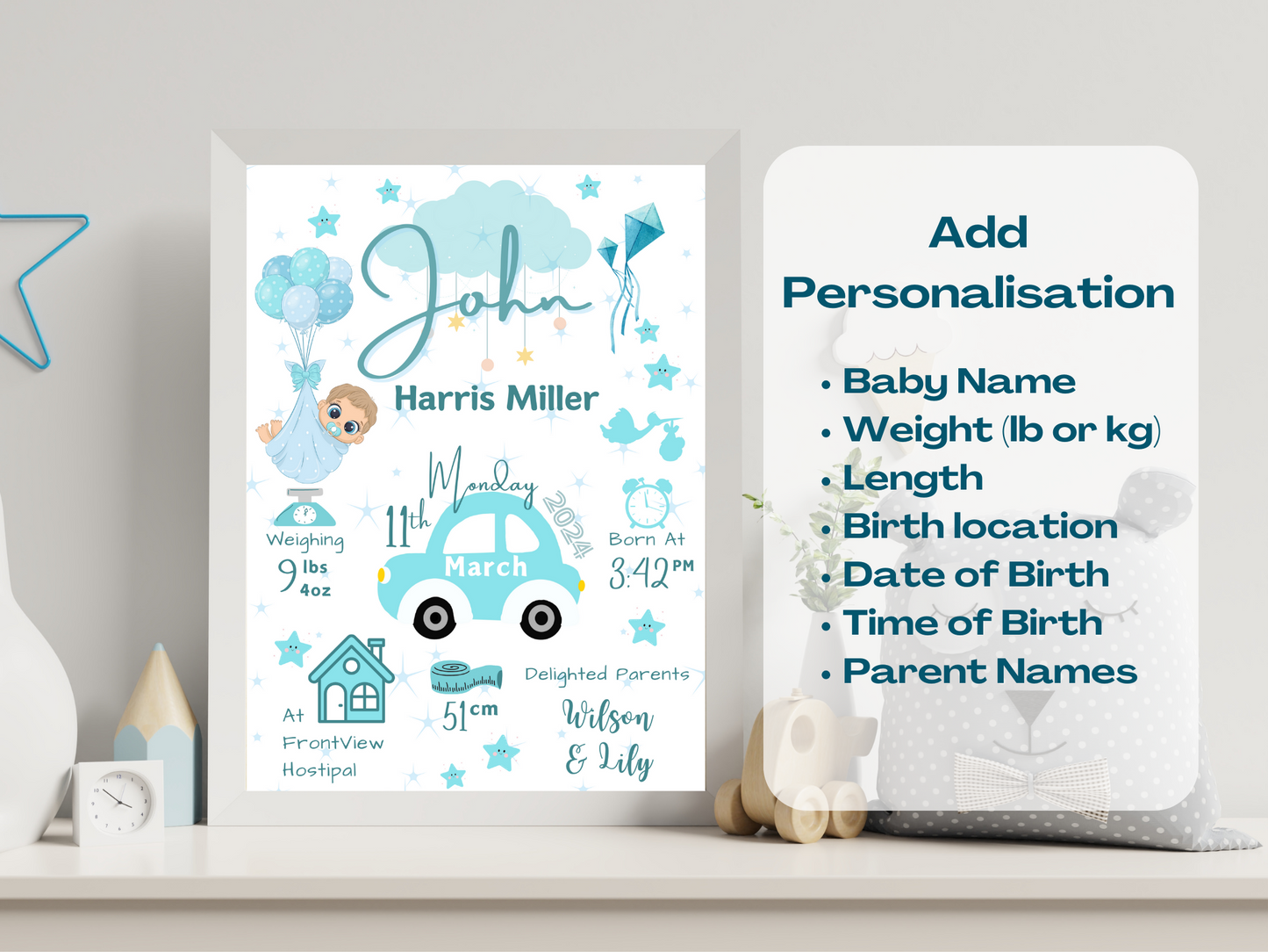 Blue Car New Born Boy Baby Personalised Print For Gift