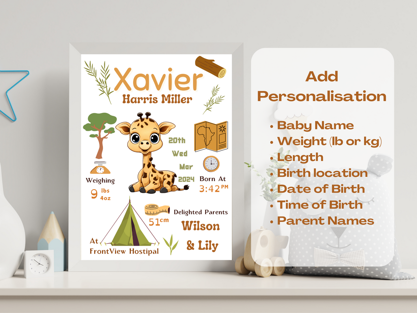 Safari Giraffe New Born Baby Printable Gift