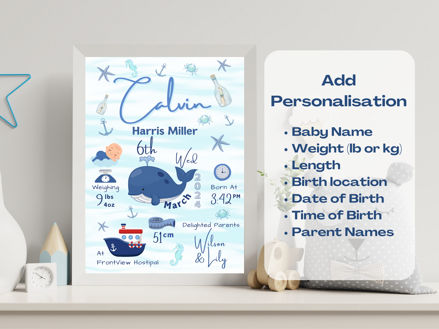 Blue Whale Custom New Born Boy Baby Gift