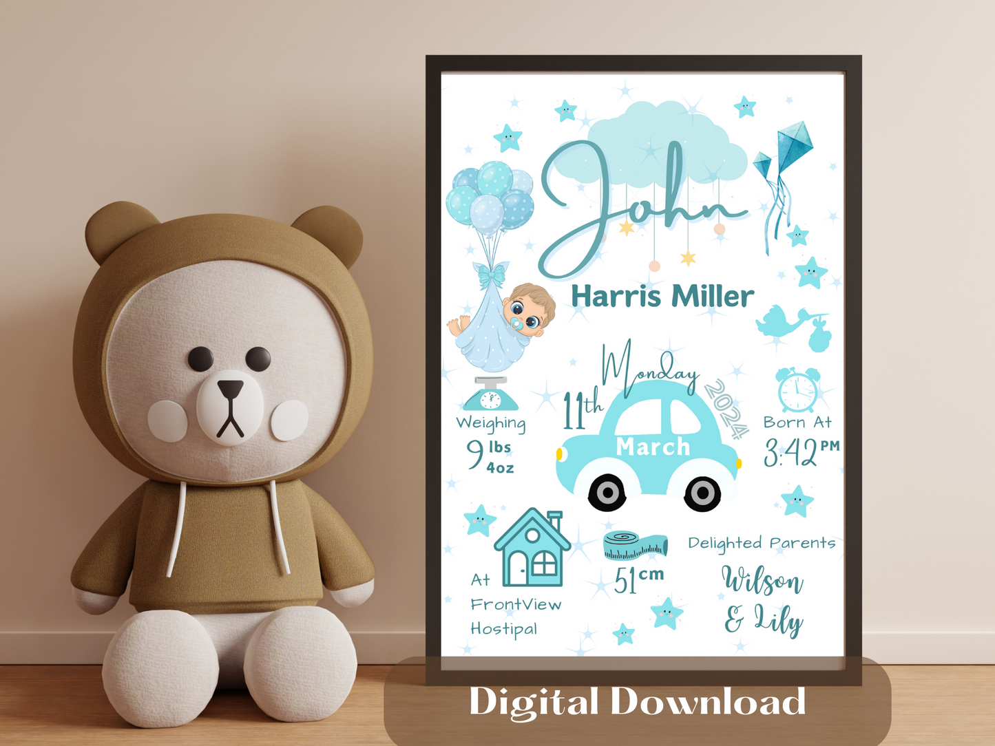 Blue Car New Born Boy Baby Personalised Print For Gift