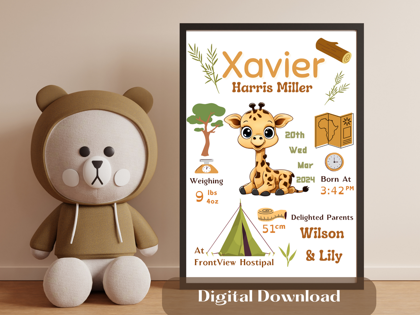 Safari Giraffe New Born Baby Printable Gift