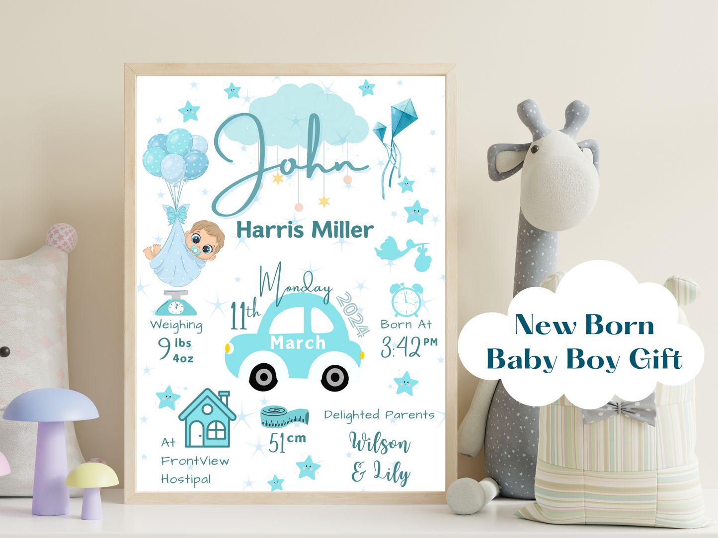 Blue Car New Born Boy Baby Personalised Print For Gift