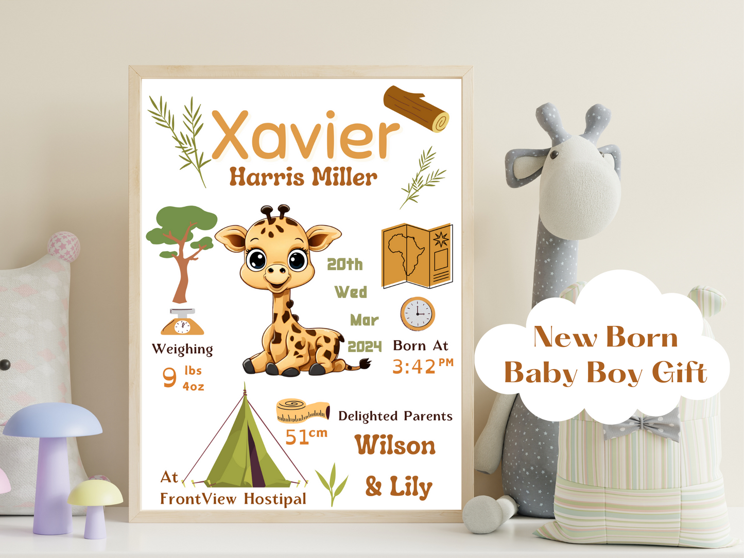 Safari Giraffe New Born Baby Printable Gift