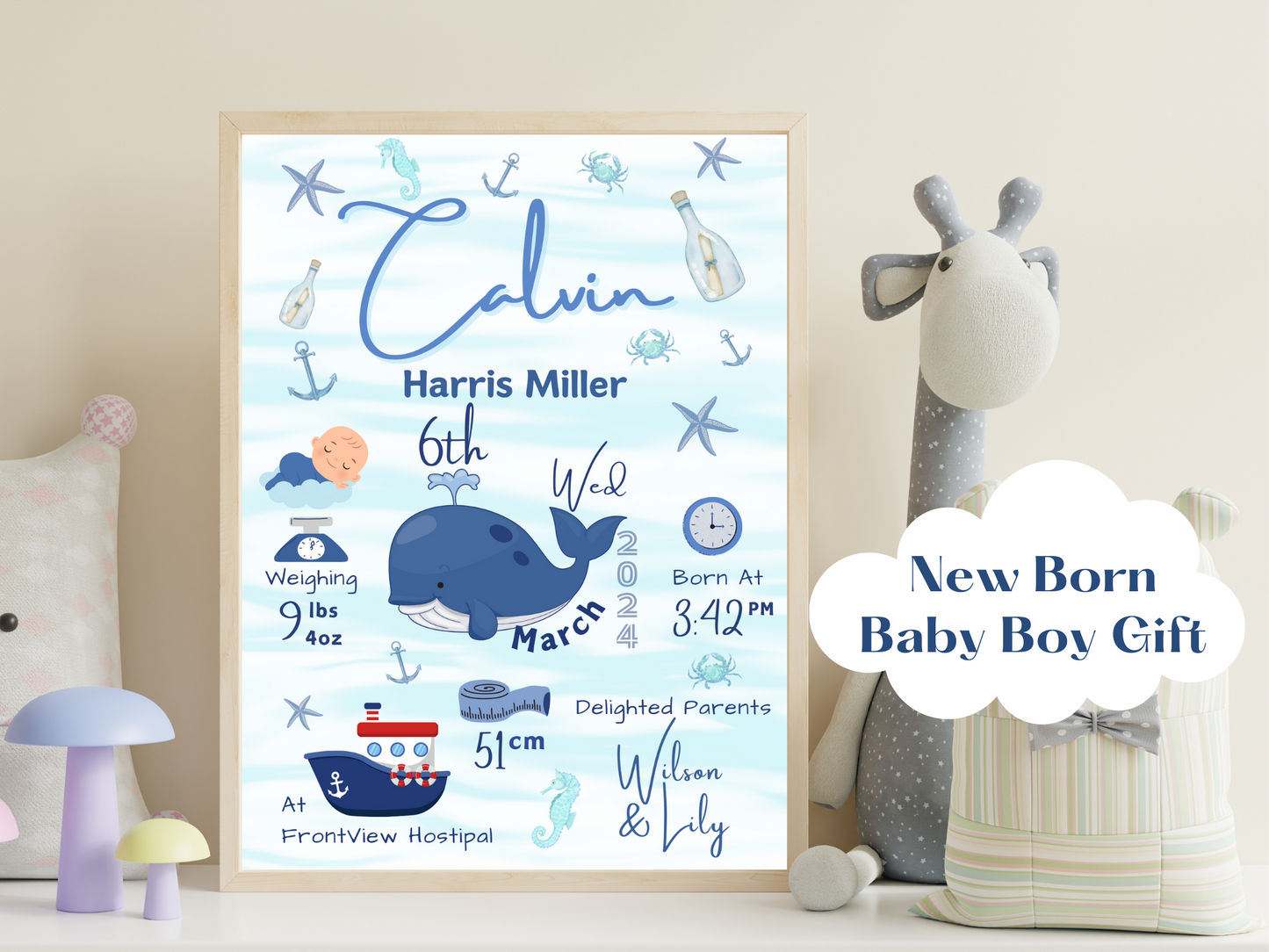 Blue Whale Custom New Born Boy Baby Gift