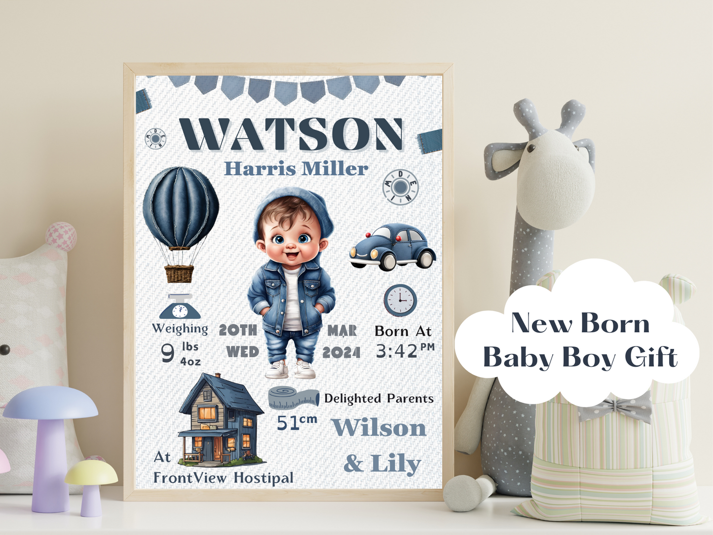 Denim New Born Boy Baby Personalised Gift