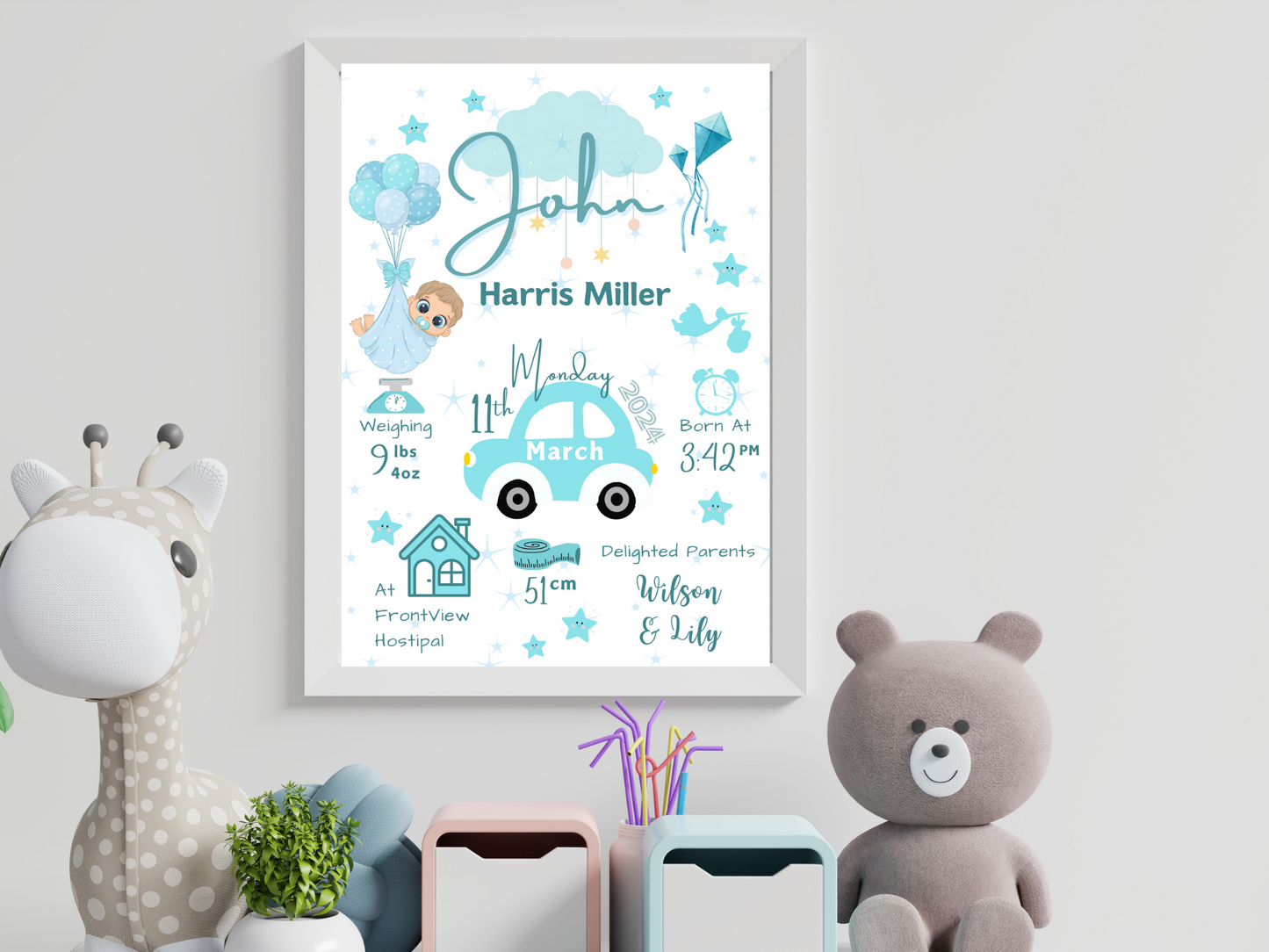 Blue Car New Born Boy Baby Personalised Print For Gift