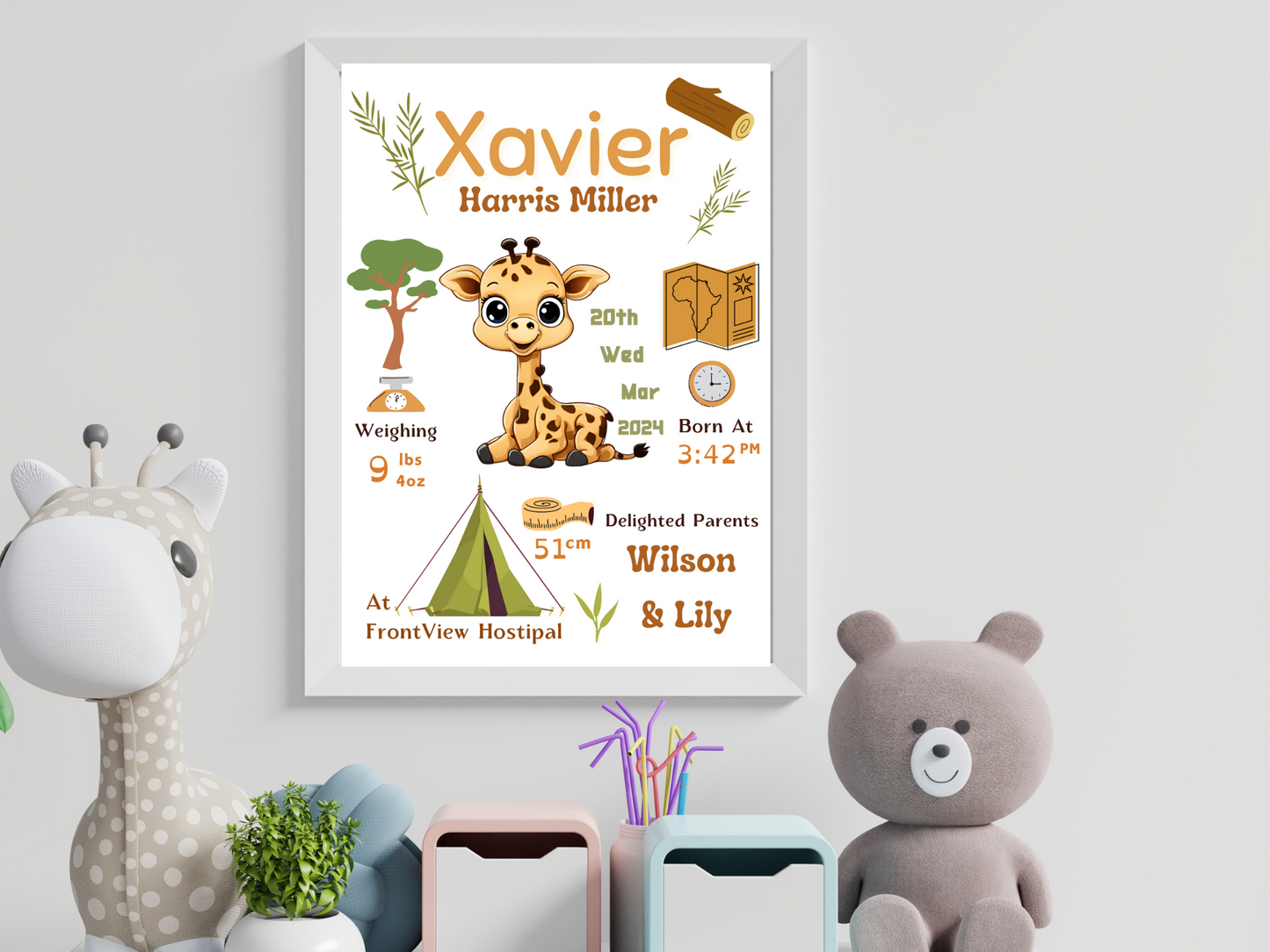 Safari Giraffe New Born Baby Printable Gift