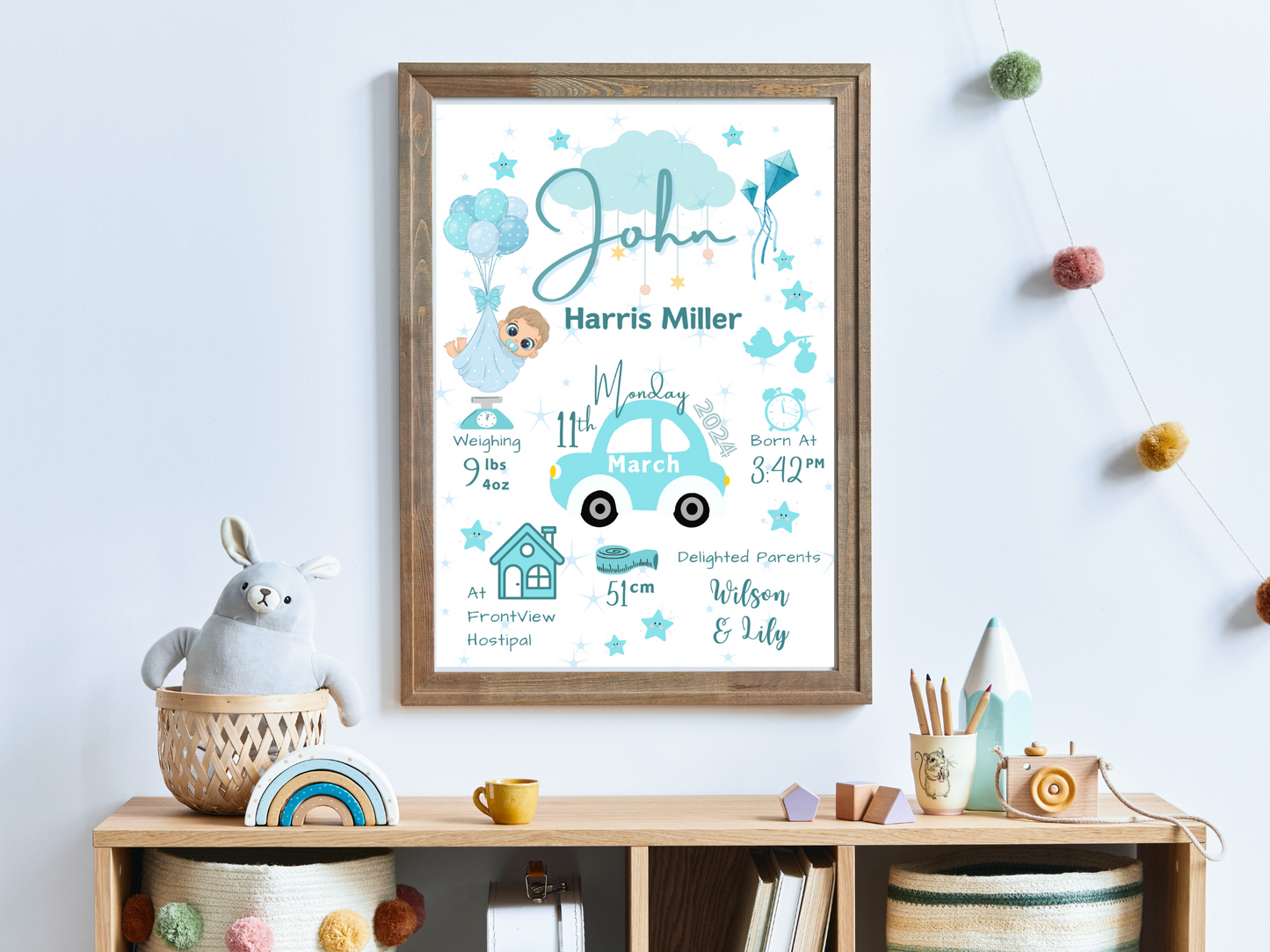 Blue Car New Born Boy Baby Personalised Print For Gift