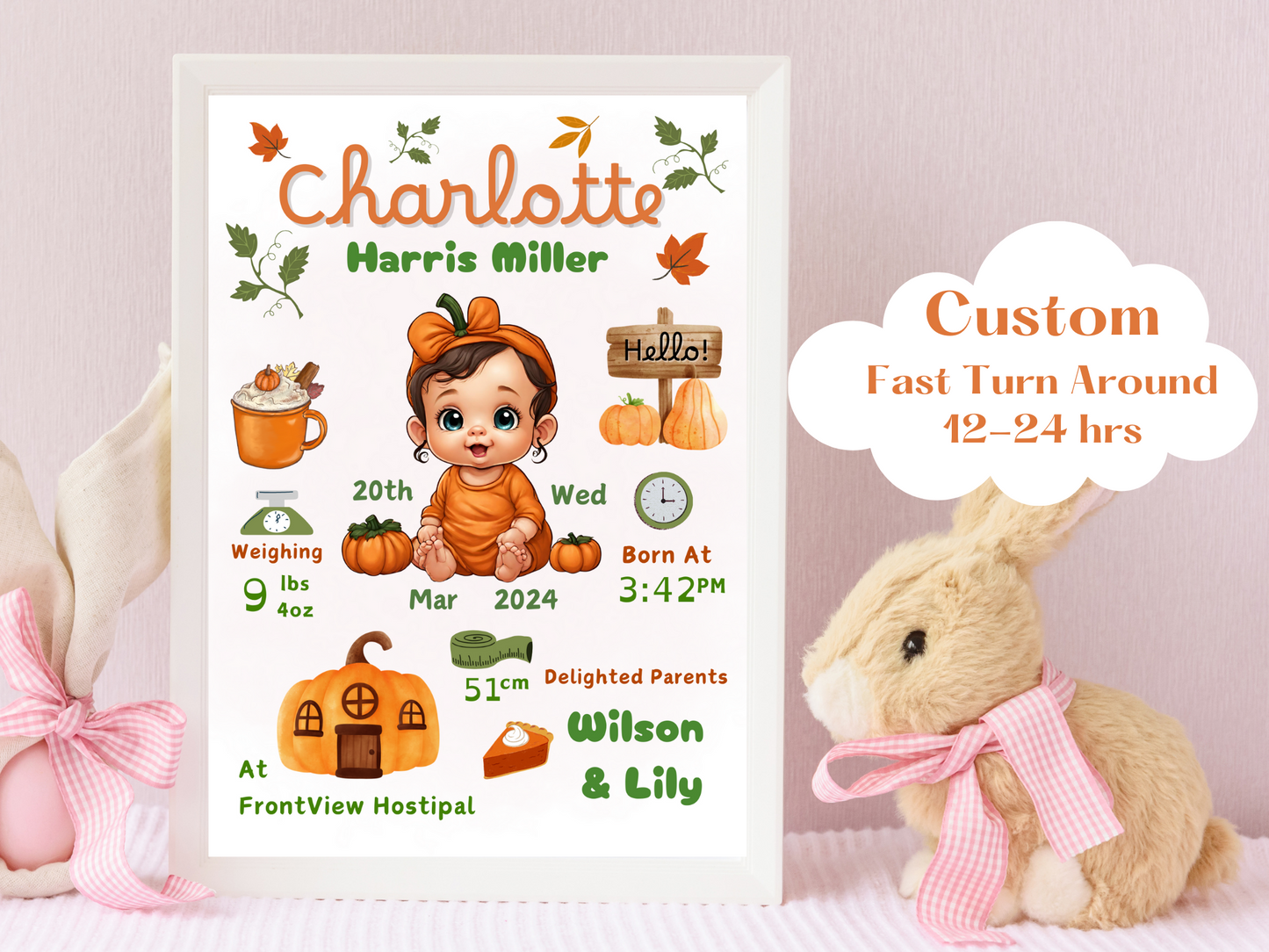 Pumpkin New Born Girl Baby Printable Gift